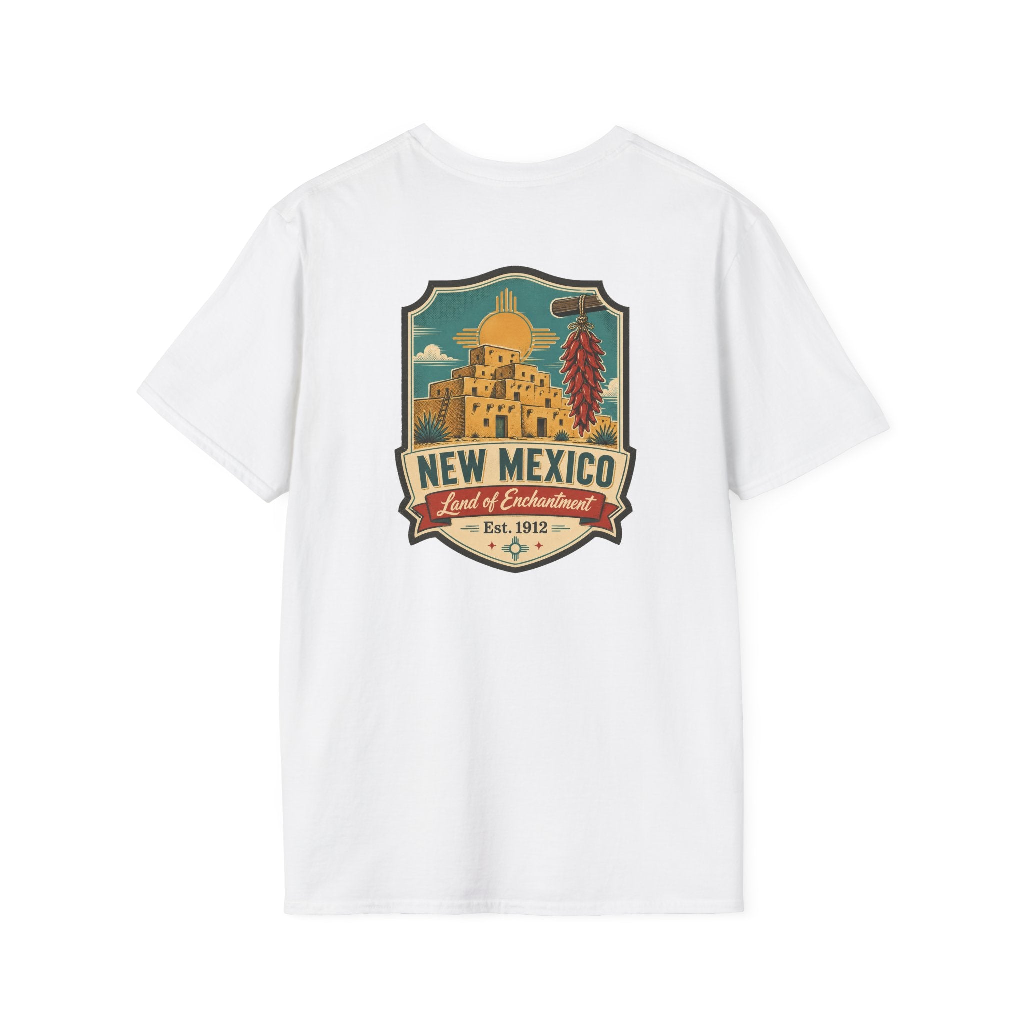White New Mexico graphic T-shirt with round crest chest print