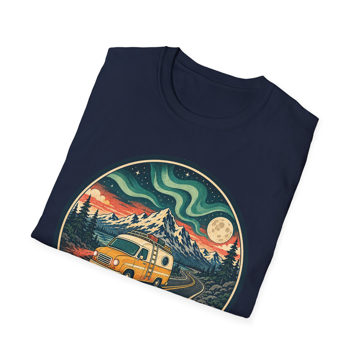 Navy unisex T-shirt with circular camper, mountains, moon and aurora graphic