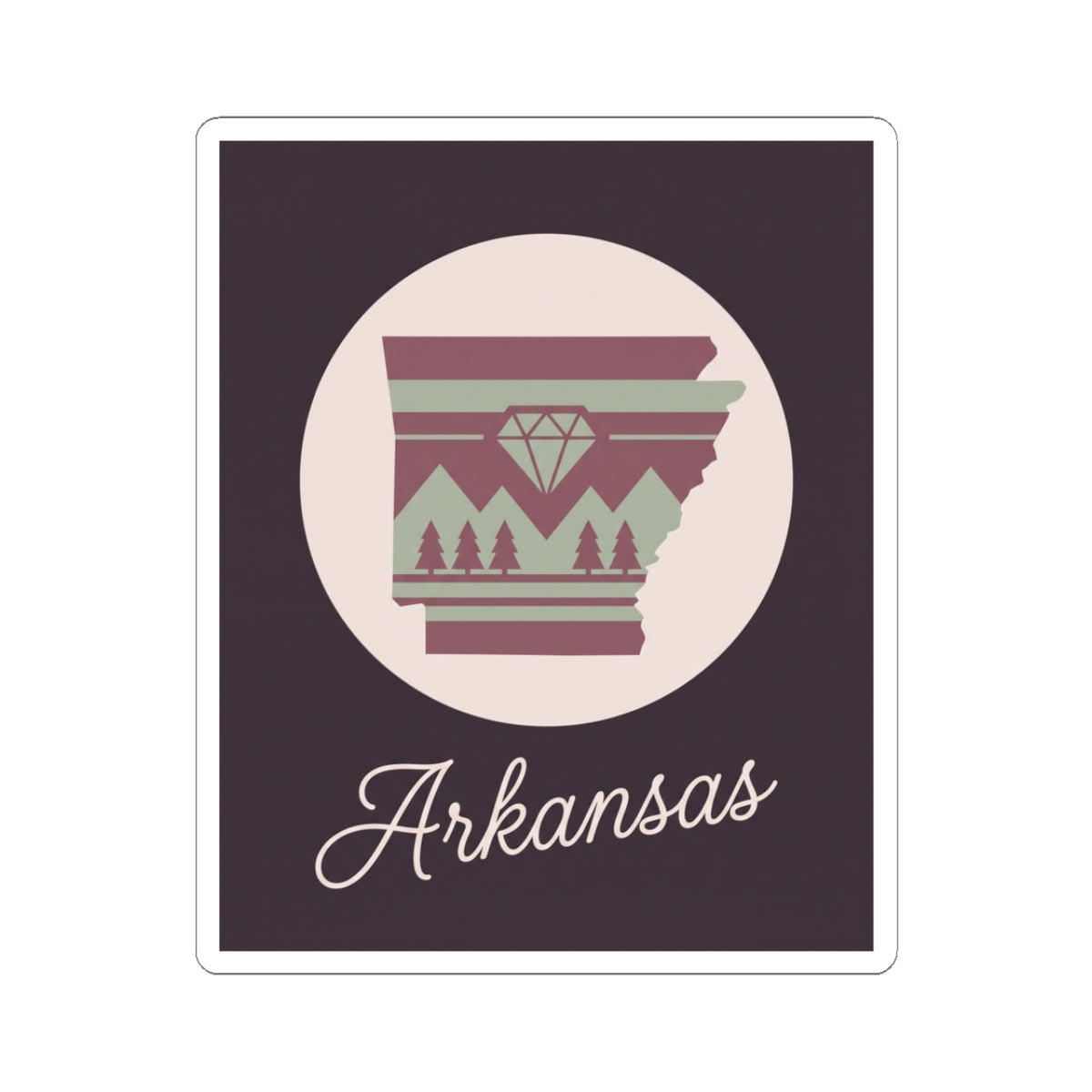 Arkansas state silhouette vinyl sticker, maroon and green with 'Arkansas' text, kiss-cut