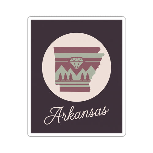 Arkansas state silhouette vinyl sticker, maroon and green with 'Arkansas' text, kiss-cut