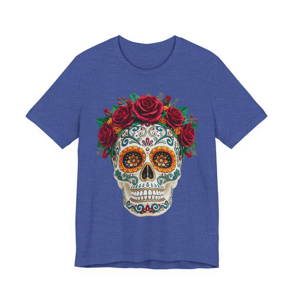 Blue T-shirt with sugar skull and red rose crown graphic