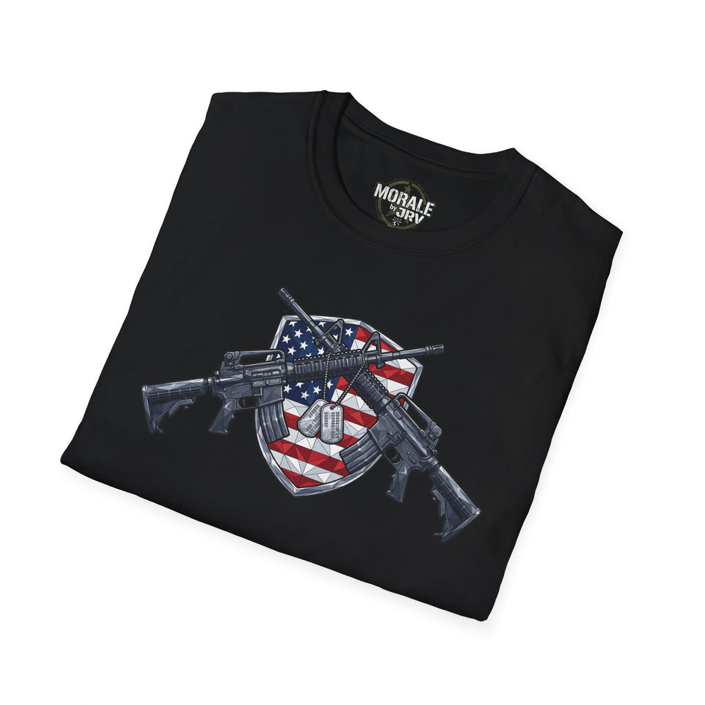 Black American flag skull shield t-shirt with crossed rifles graphic, folded view
