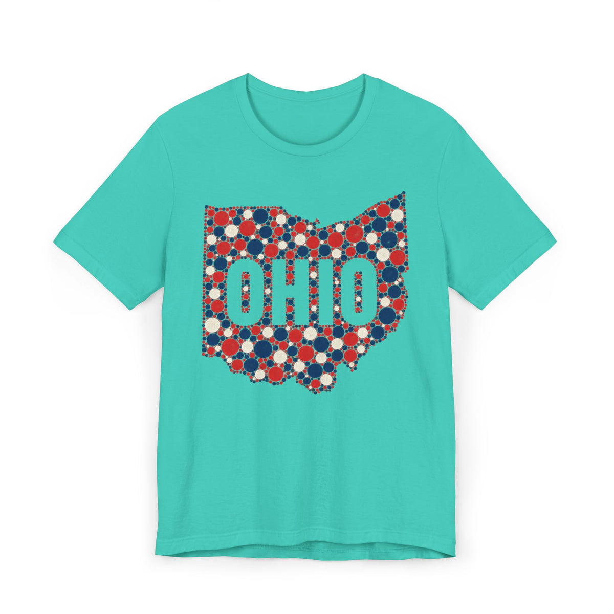 Teal T-shirt with dotted polka graphic OHIO in red, white, and blue