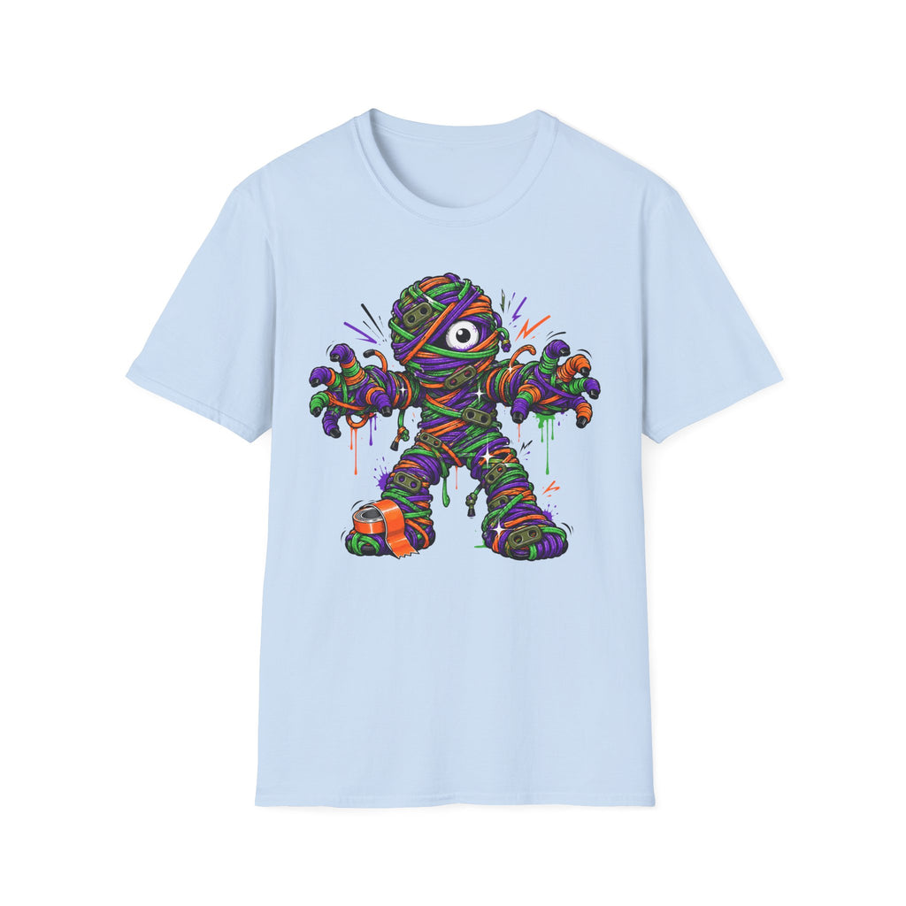 Light blue crew-neck T-shirt with colorful wrapped monster mummy illustration