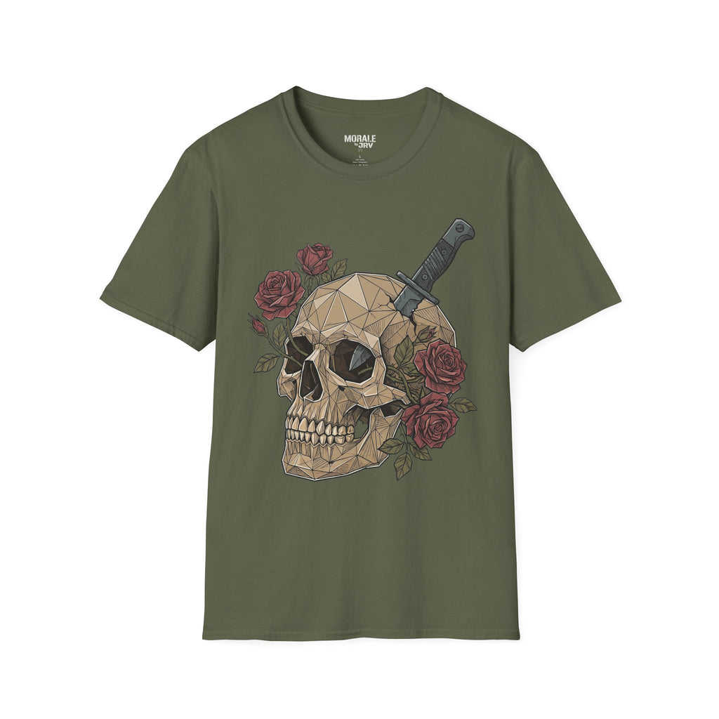 Dark olive graphic T-shirt with geometric skull, dagger and rose vines print
