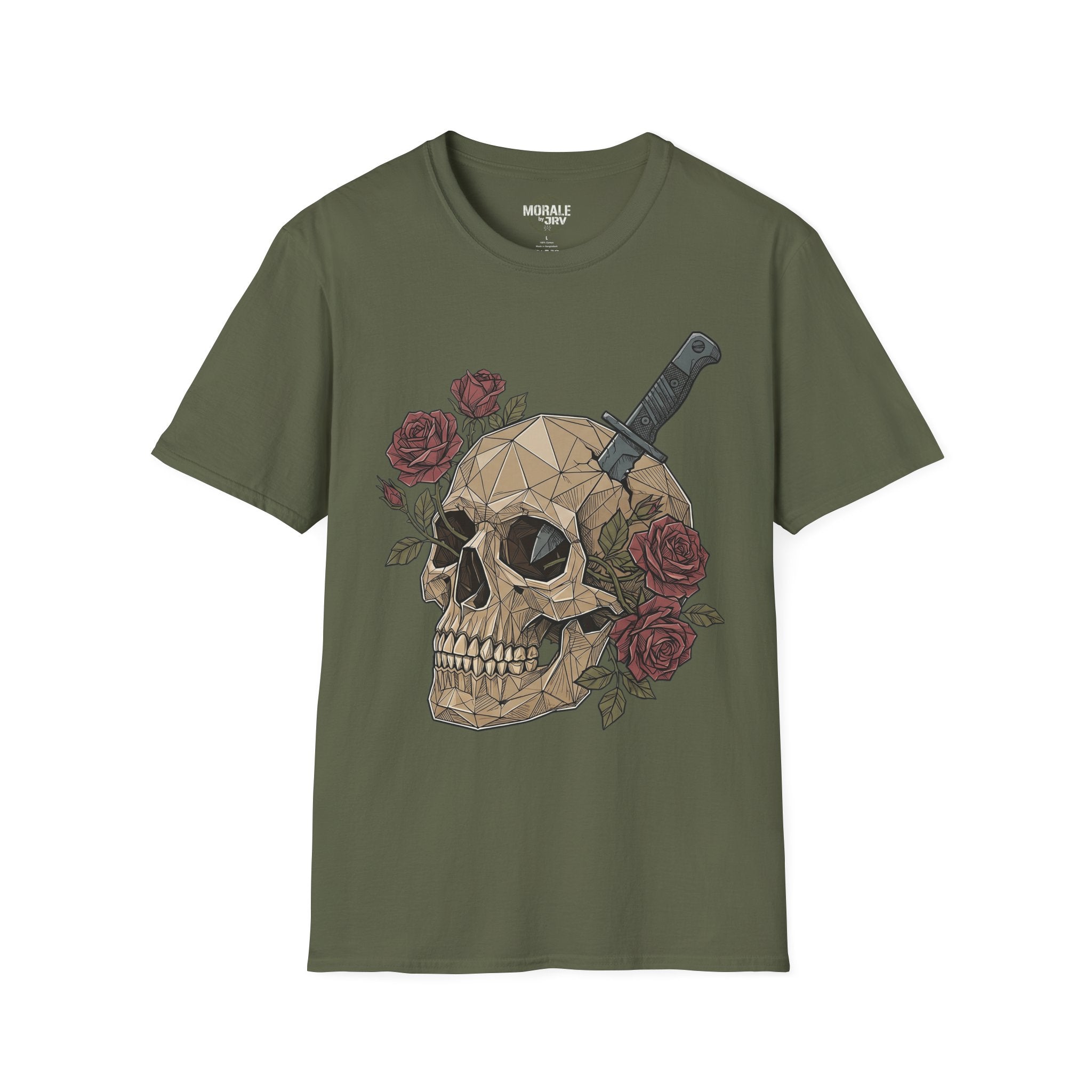 Dark olive graphic T-shirt with geometric skull, dagger and rose vines print