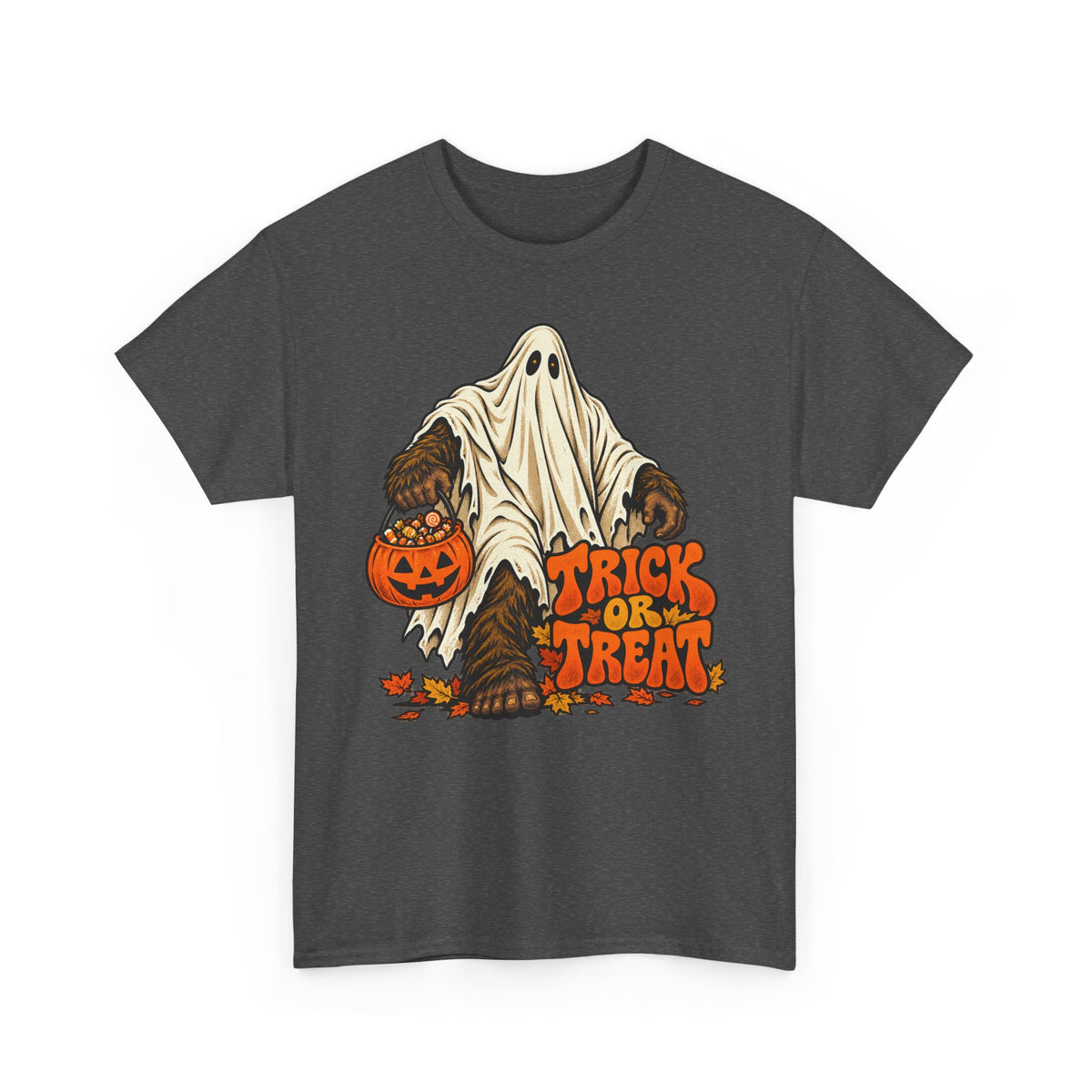 Dark gray Halloween T-shirt with bigfoot ghost graphic and Tricks or Treat text