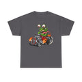 Monster hot rod graphic tee in charcoal grey, front monster driving hot rod with flames