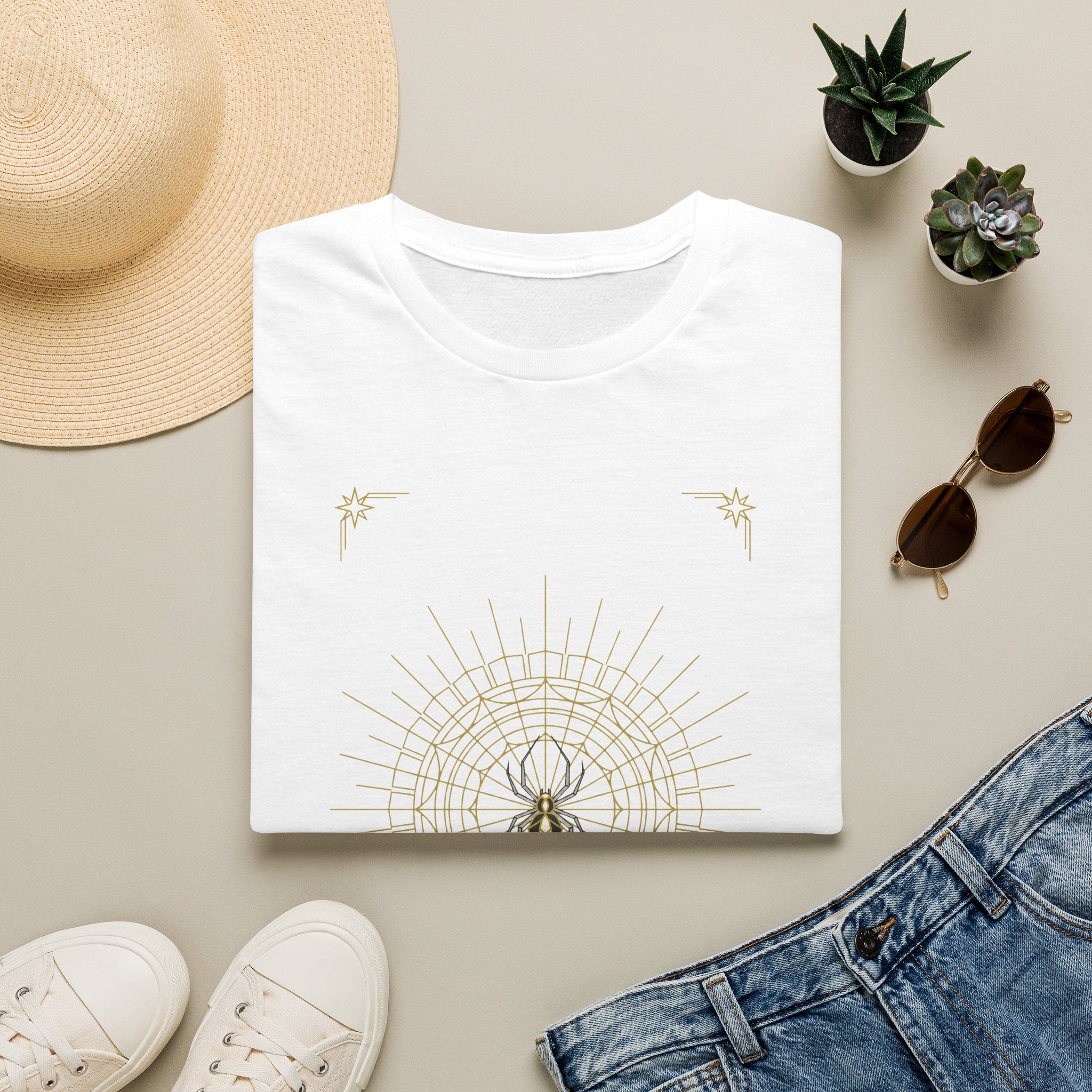 White T-shirt with light gold spider mandala web and hanging star graphic