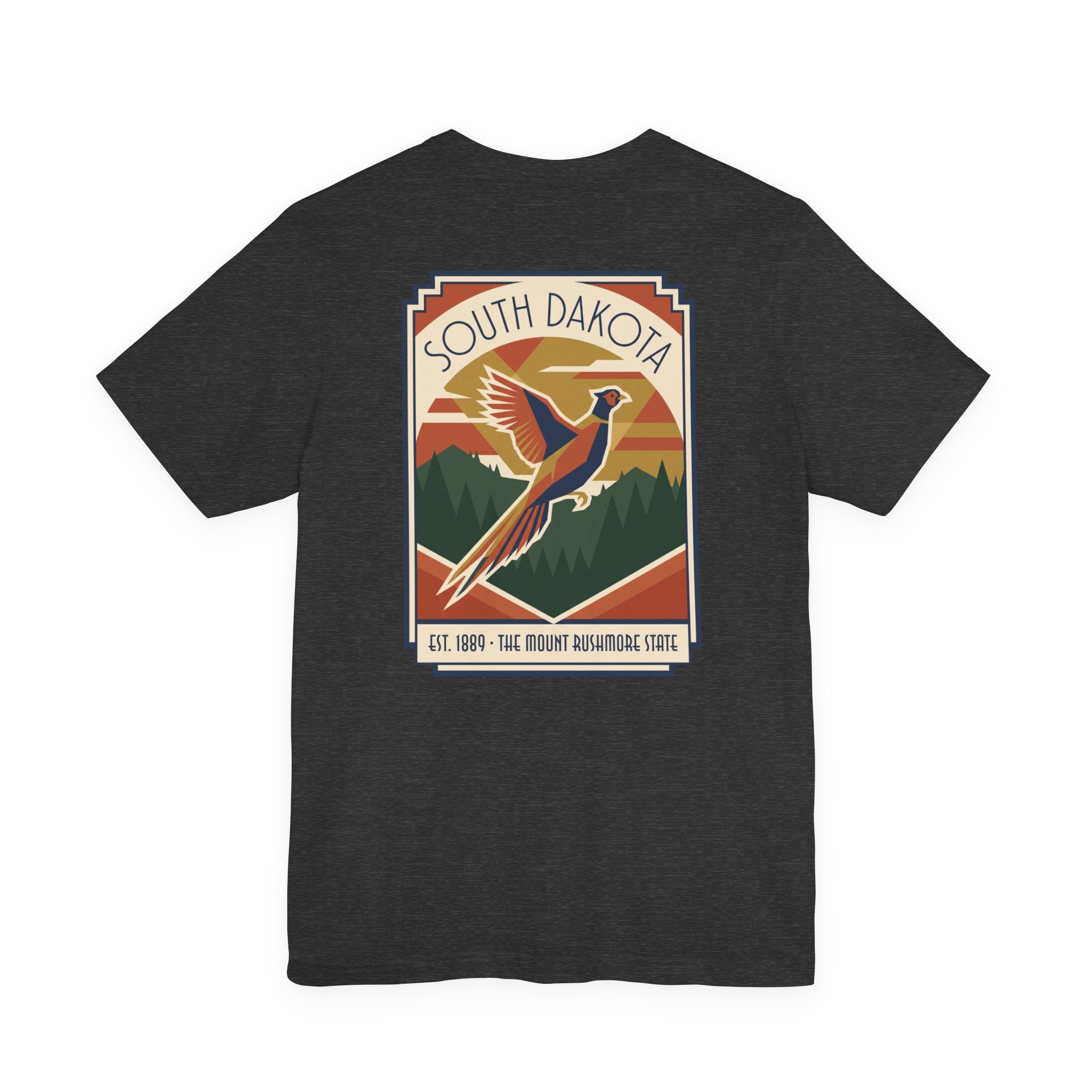 Charcoal t-shirt with South Dakota art deco pheasant graphic print