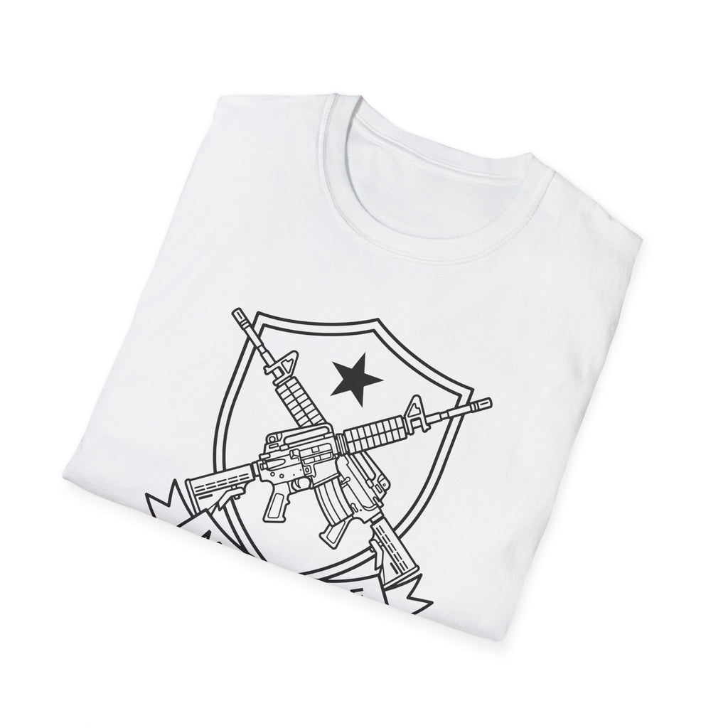 White crewneck T-shirt with shield emblem and crossed rifles print on chest