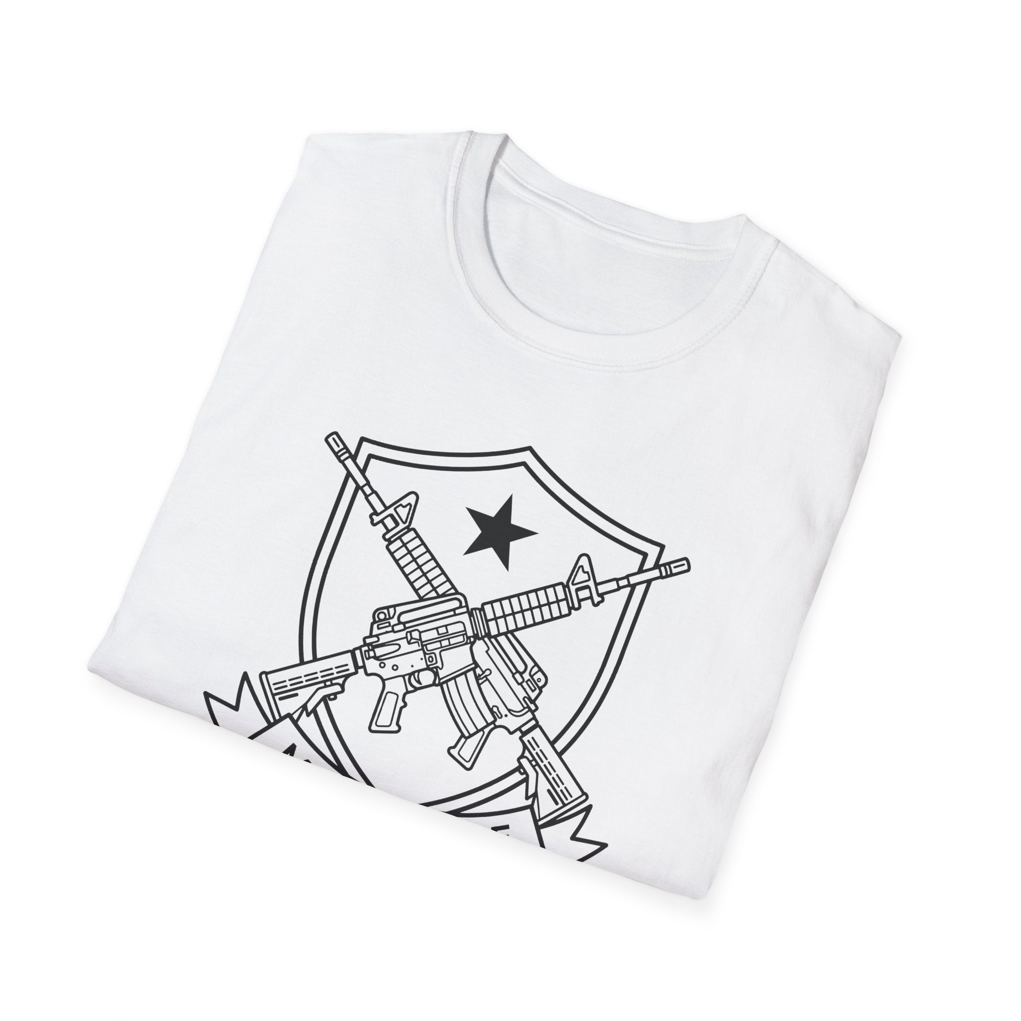 White crewneck T-shirt with shield emblem and crossed rifles print on chest