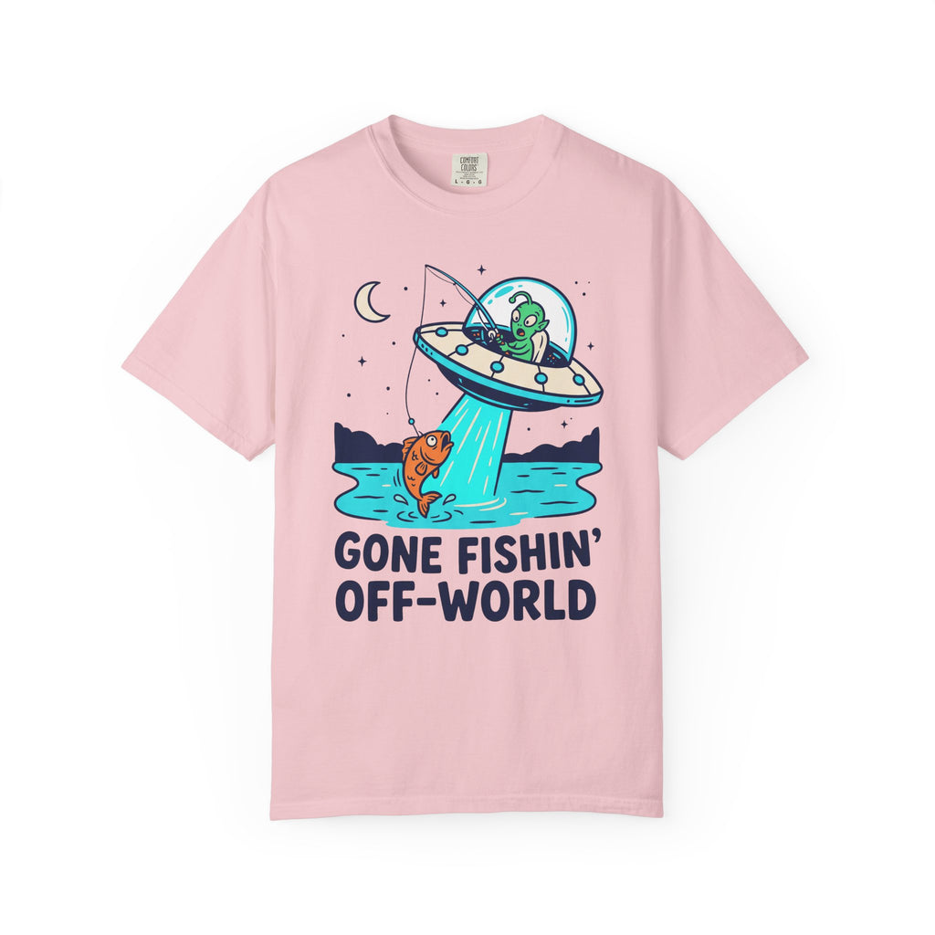 Pink T-shirt with alien fishing UFO graphic and “GONE FISHIN’ OFF-WORLD”