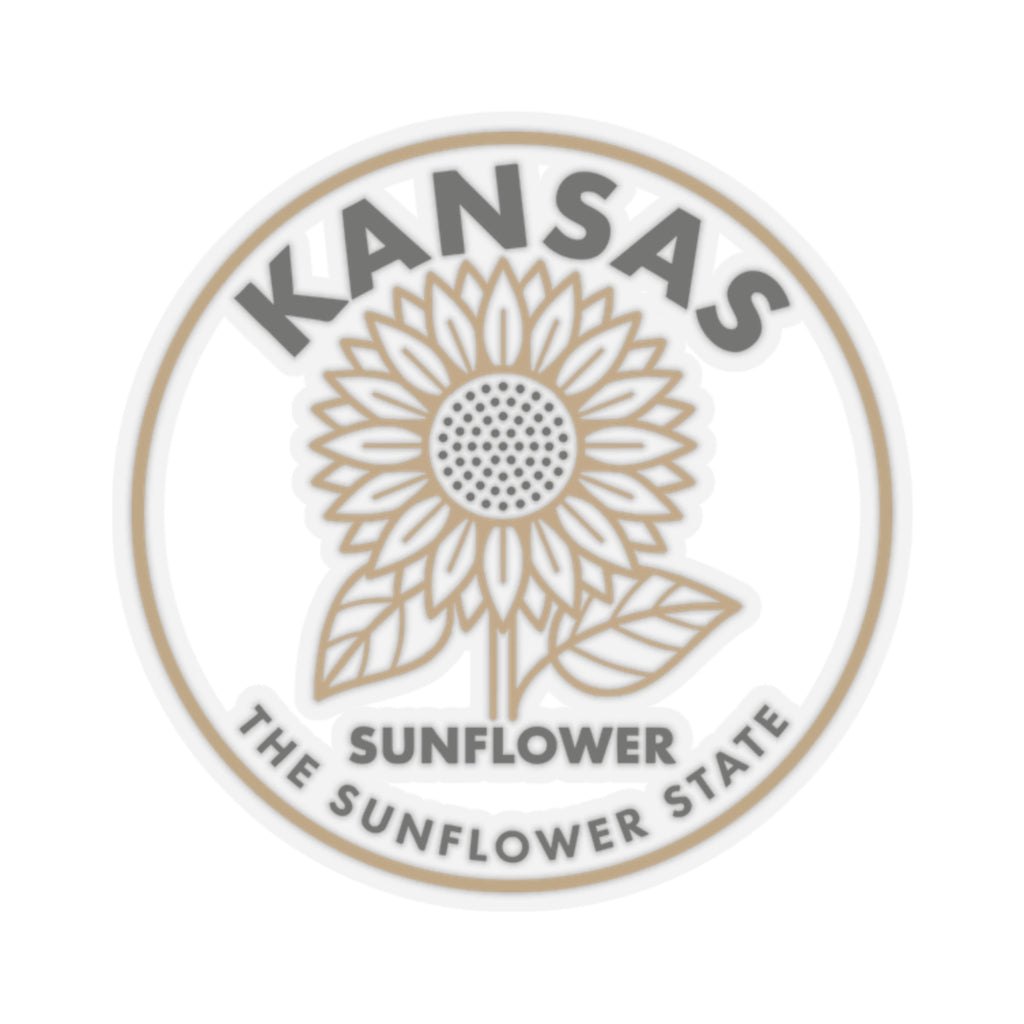 Close-up round Kansas sunflower state sticker with sunflower icon and wording