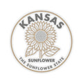 Close-up round Kansas sunflower state sticker with sunflower icon and wording