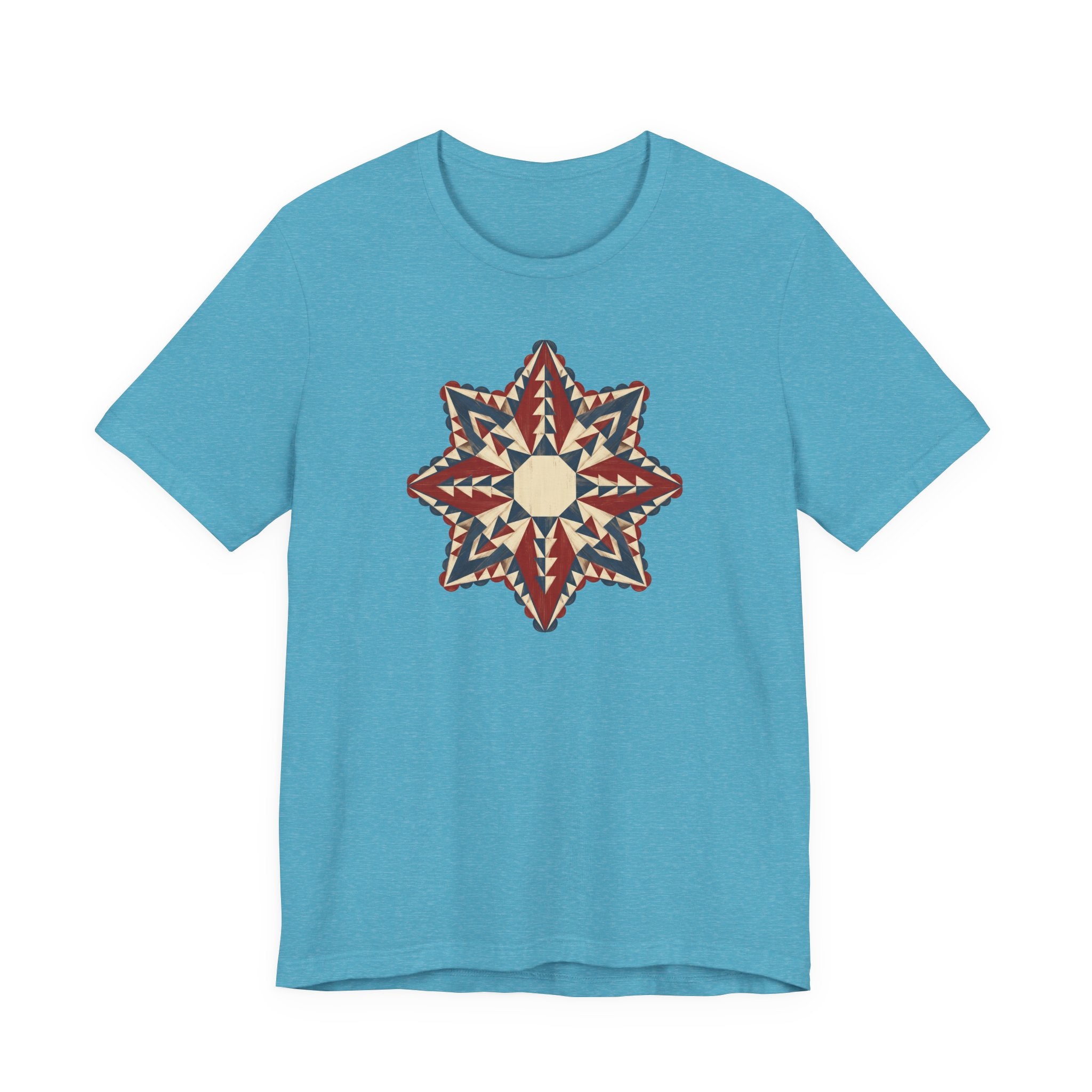 Teal graphic tee with colorful star mandala geometric compass print
