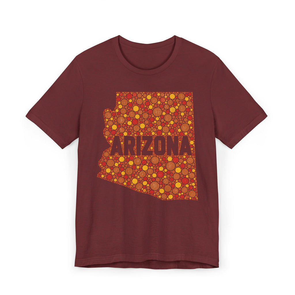 Maroon short-sleeve T-shirt with orange Arizona patterned graphic