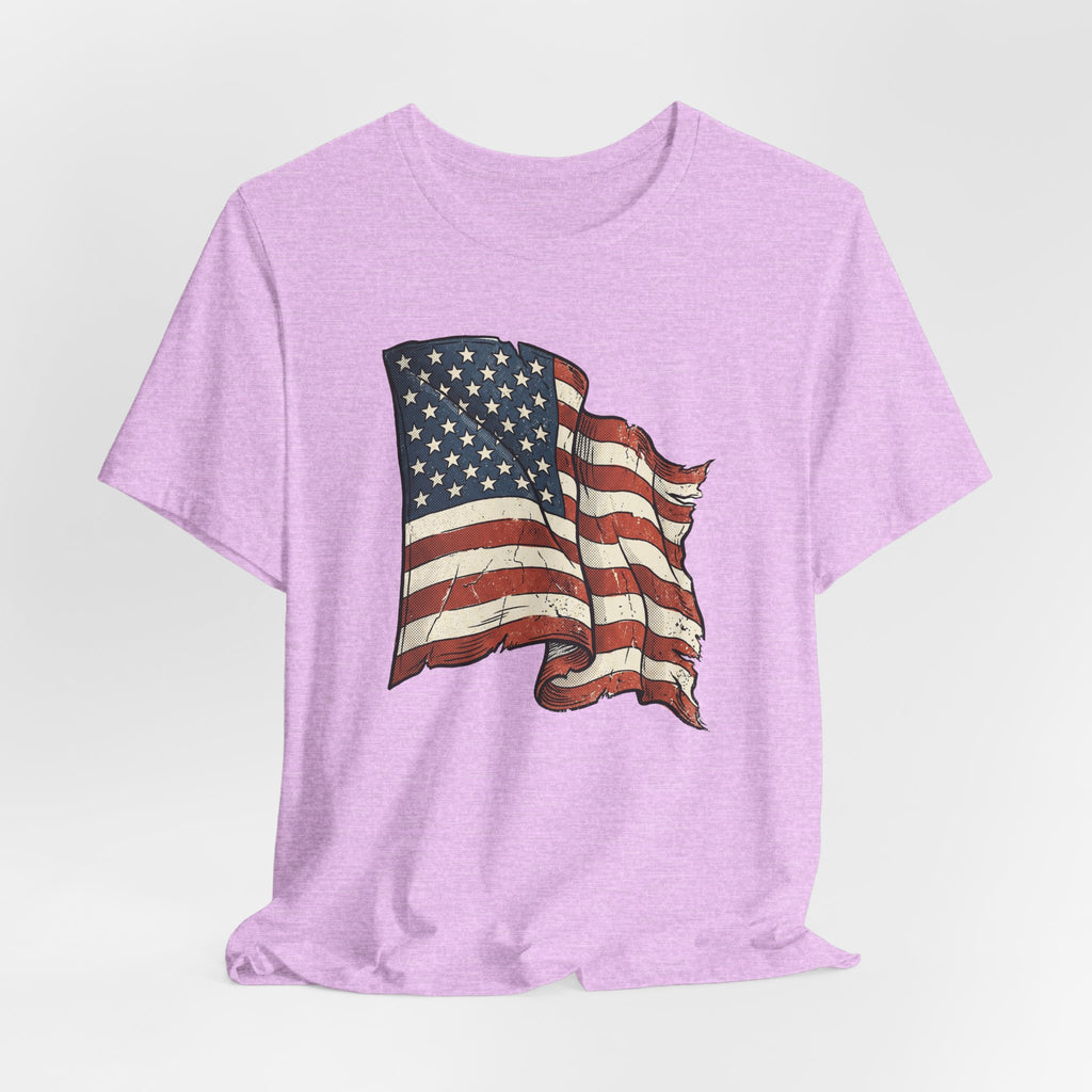 Heather lilac short-sleeve T-shirt with waving American flag graphic