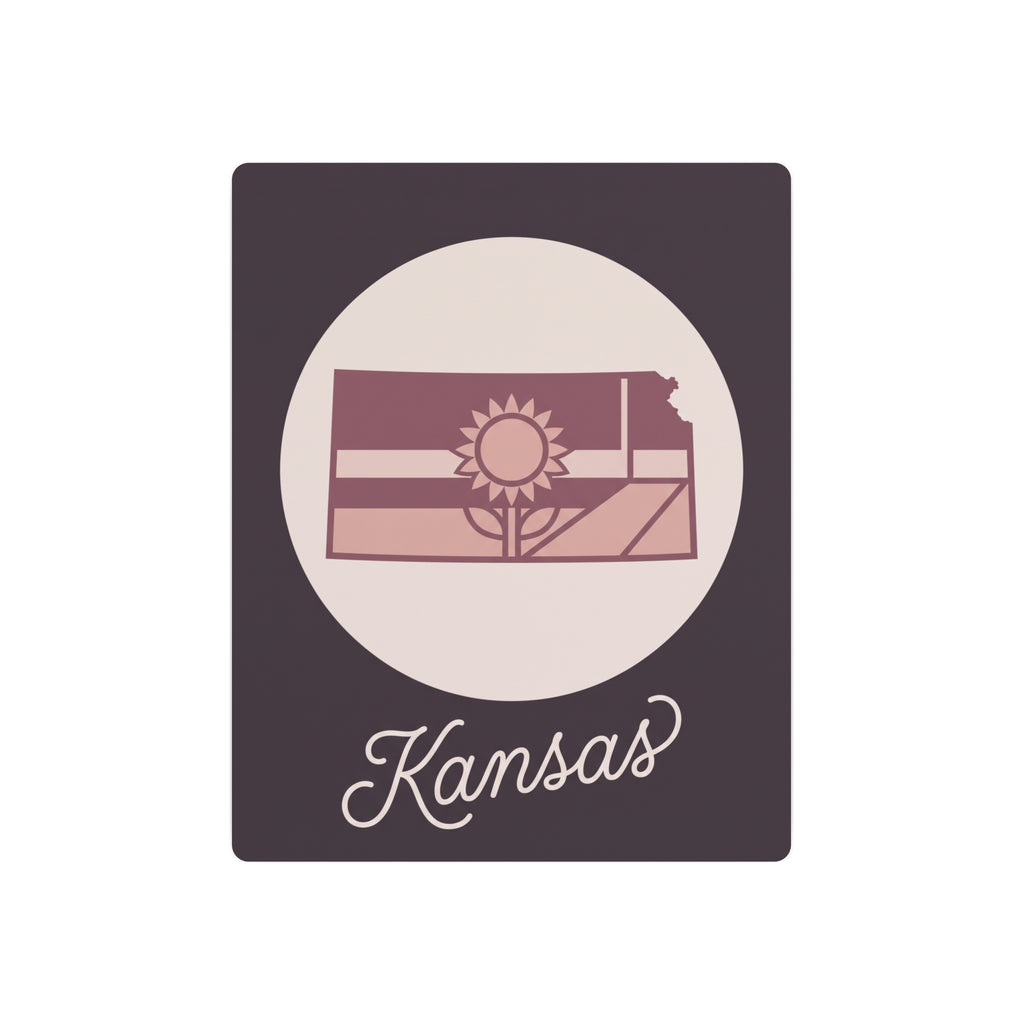 Kansas metal wall art sign with dark square frame, oval sun motif, and Kansas script.