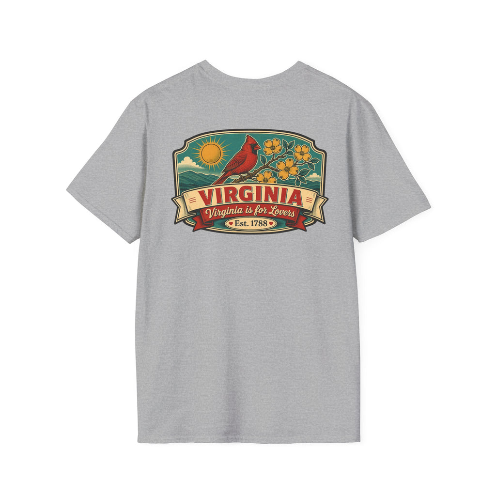 Gray T-shirt with Virginia travel graphic and cardinal bird print