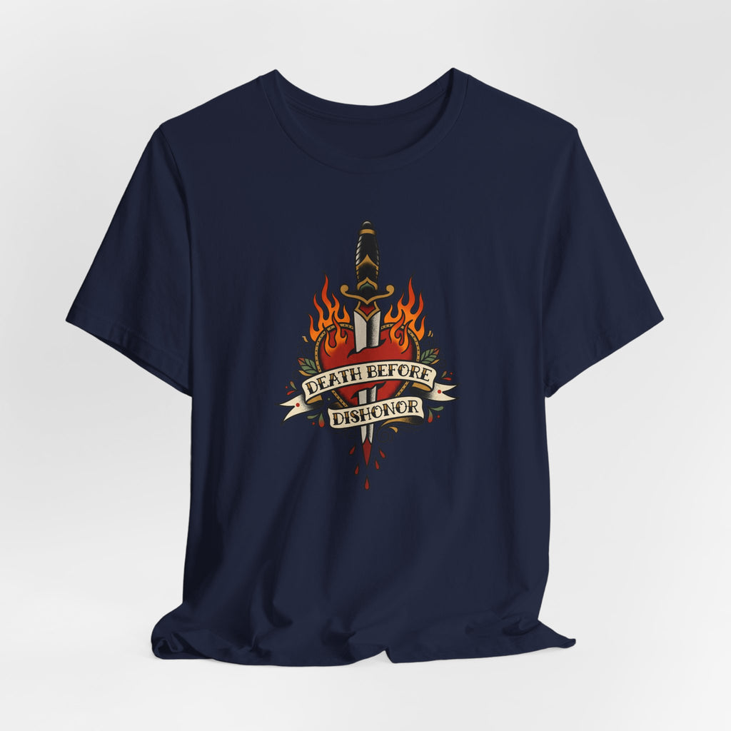 Navy crew-neck T-shirt with centered dagger and flames graphic.