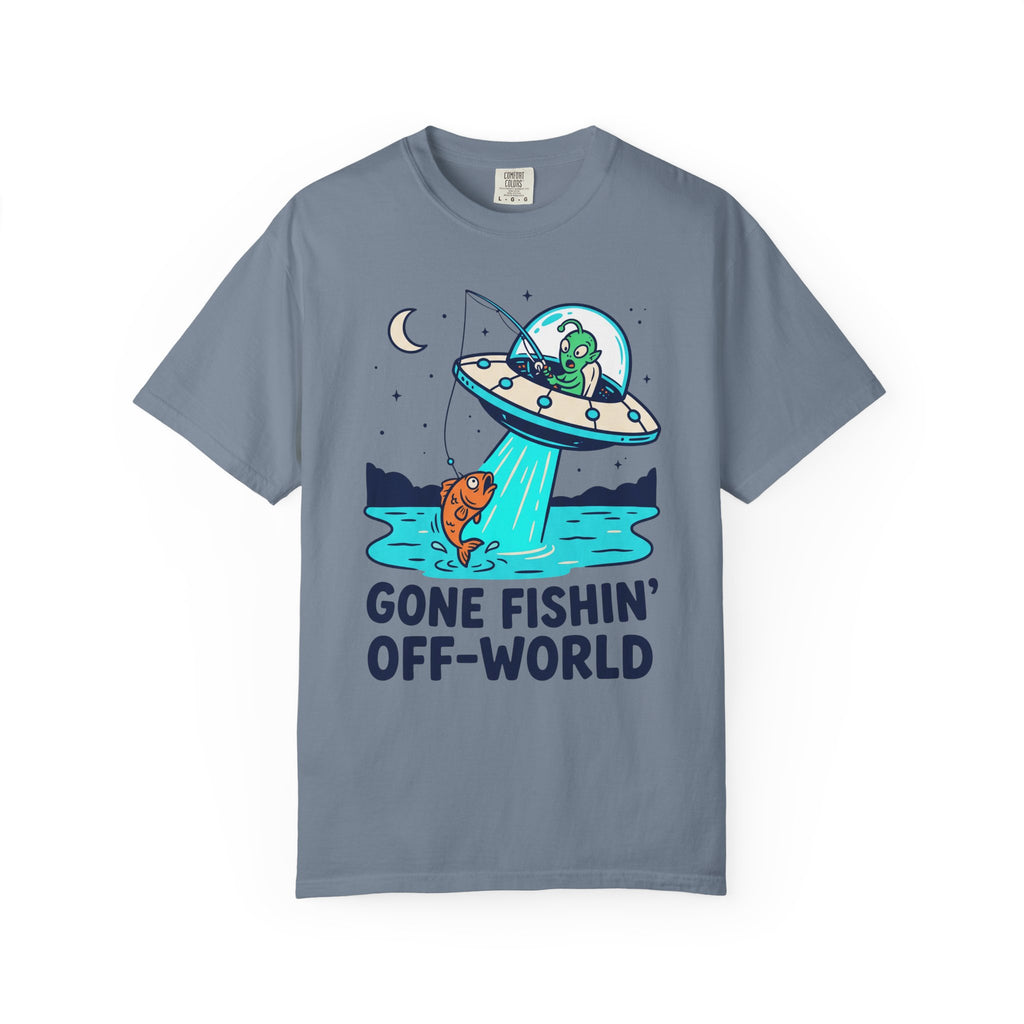 Slate gray alien fishing T-shirt with UFO and "Gone Fishin' Off-World" text