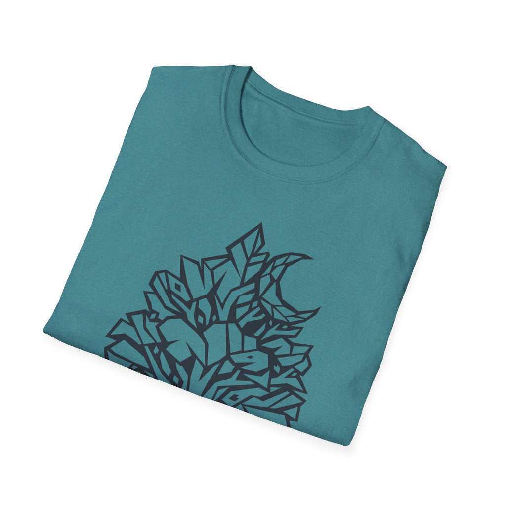 Heather Sapphire T-shirt with geometric botanical tree moon line-art graphic