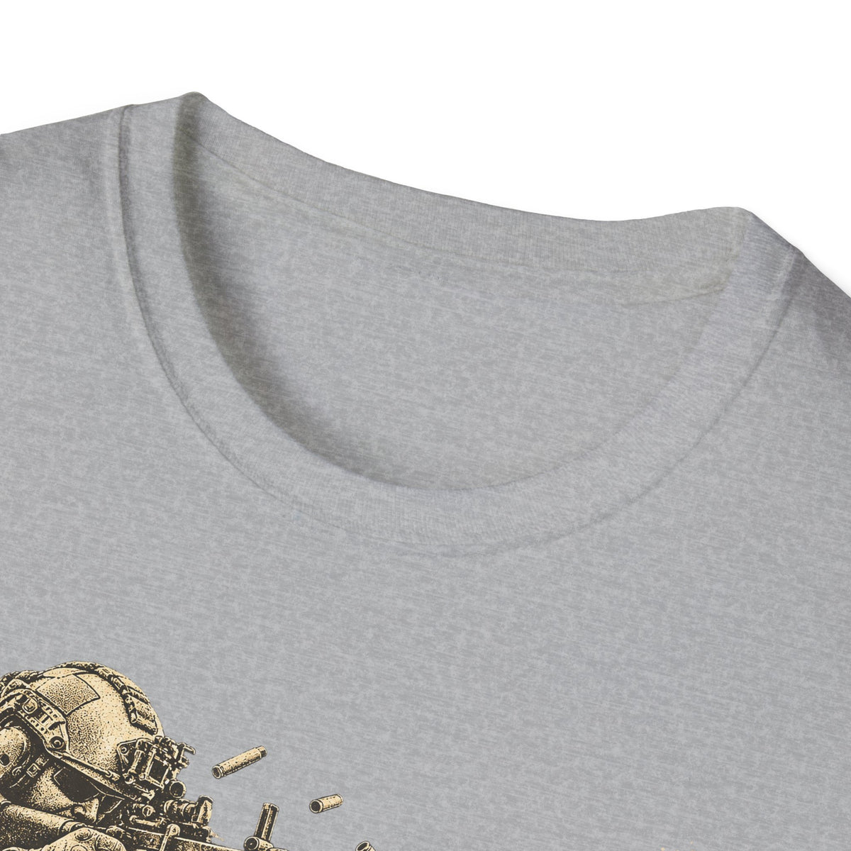 Gray heather crewneck T-shirt with partial vintage soldier gunner graphic at lower edge
