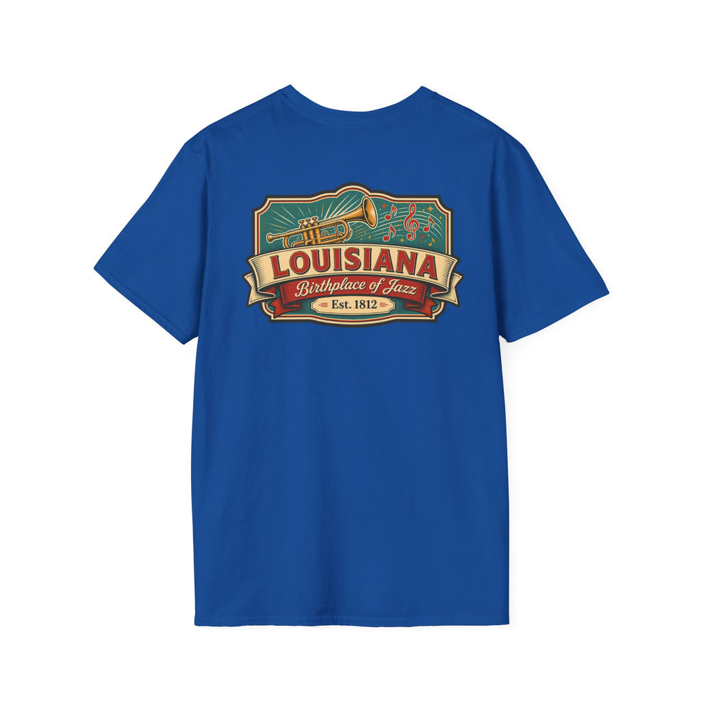 Blue Louisiana T-shirt with vintage travel graphic chest print