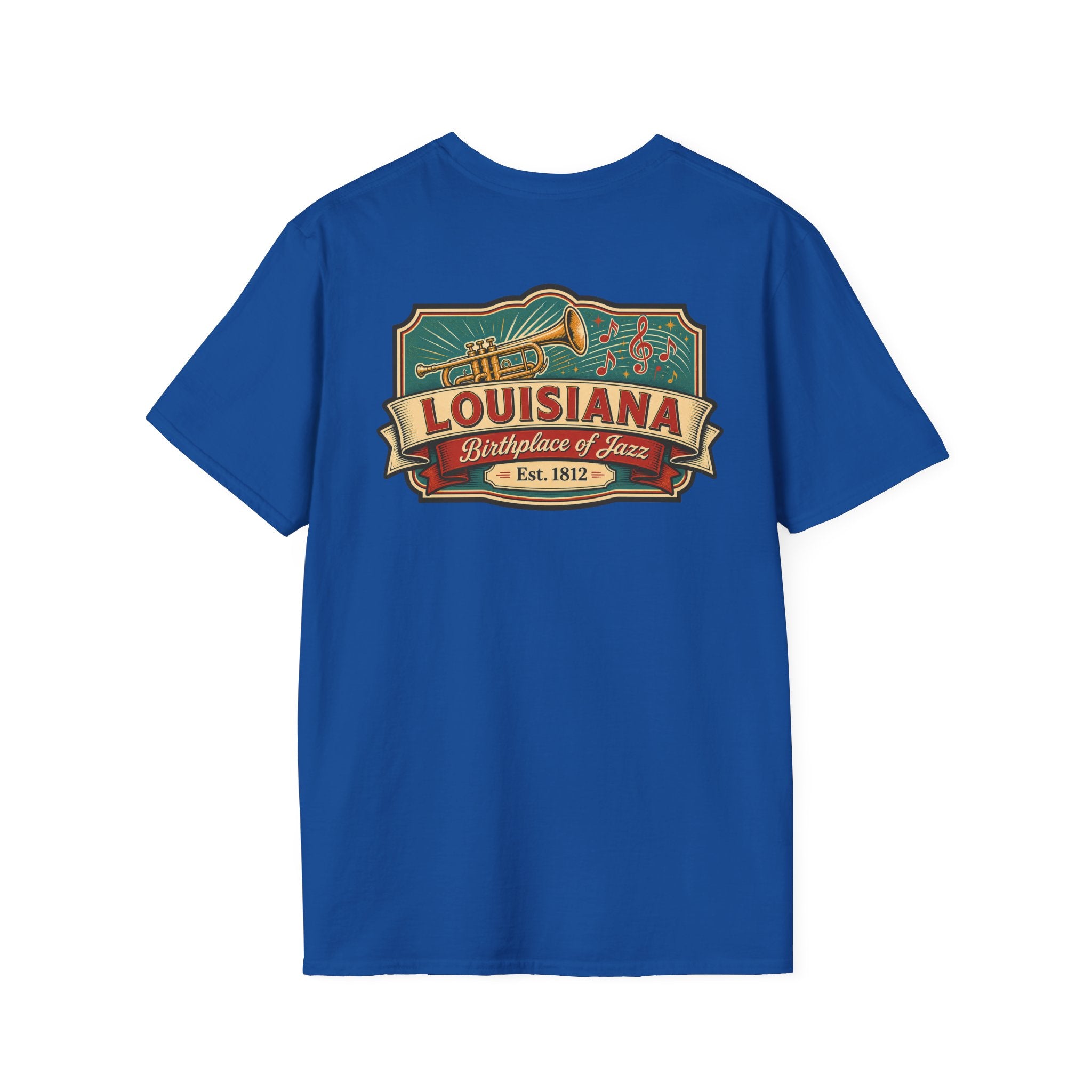 Blue Louisiana T-shirt with vintage travel graphic chest print