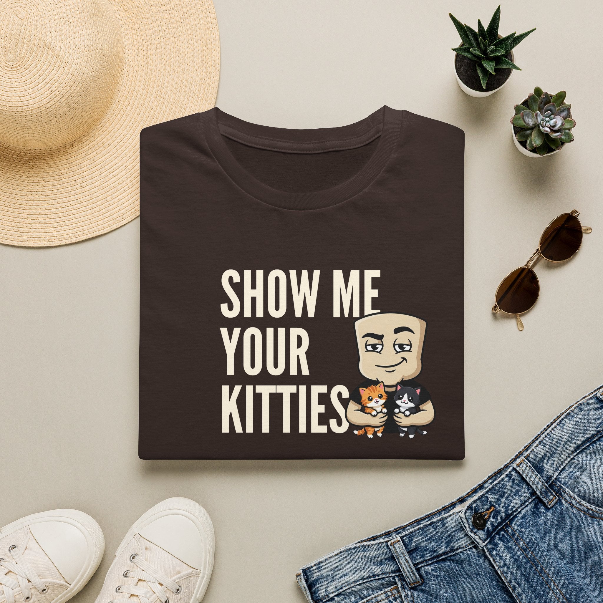Dark chocolate graphic t-shirt with text 'SHOW ME YOUR KITTIES' and cat illustration
