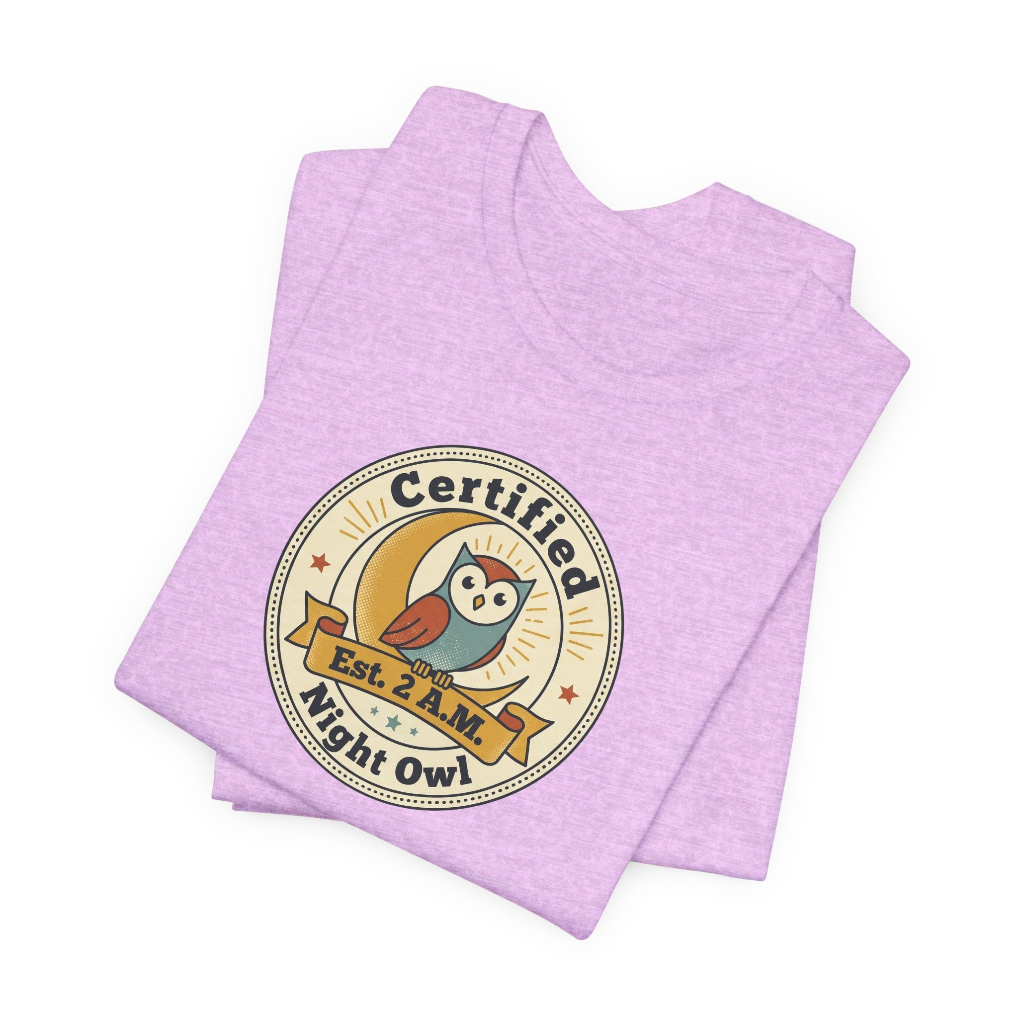Lavender heather T-shirt with round owl badge graphic on chest, short sleeves