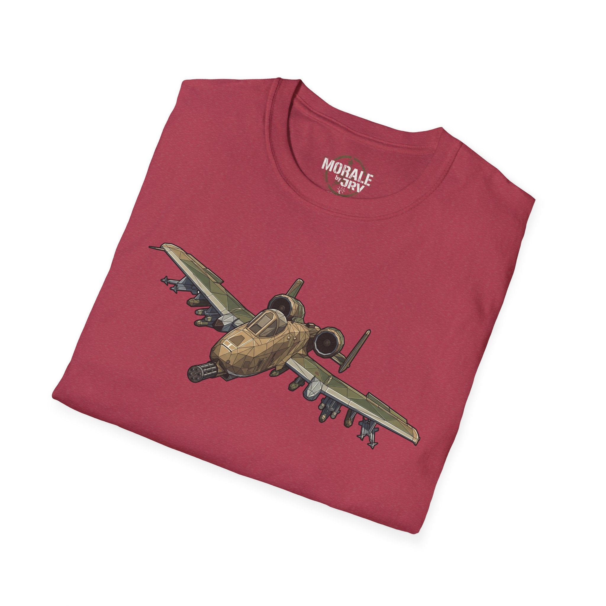 Maroon crewneck T-shirt featuring large A-10-style aircraft graphic