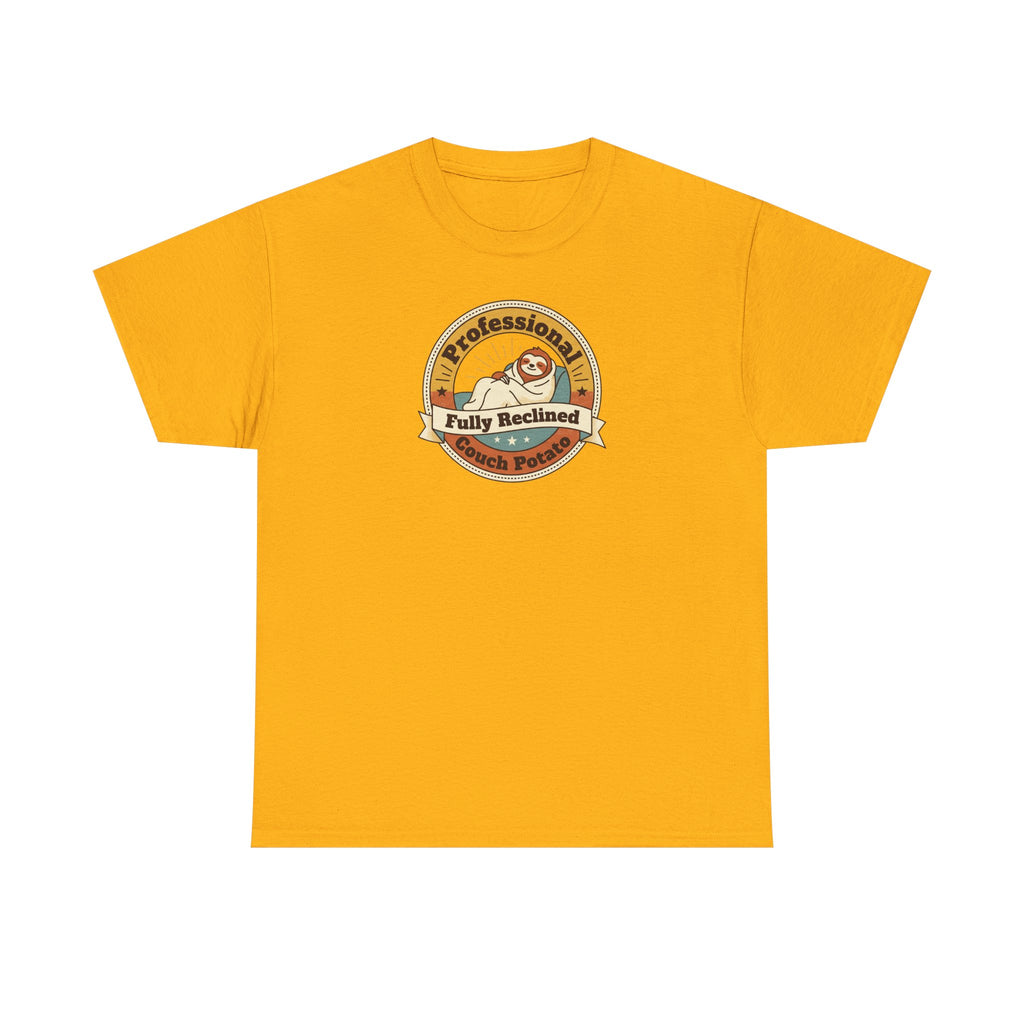 Yellow T-shirt with circular sloth logo graphic on chest.