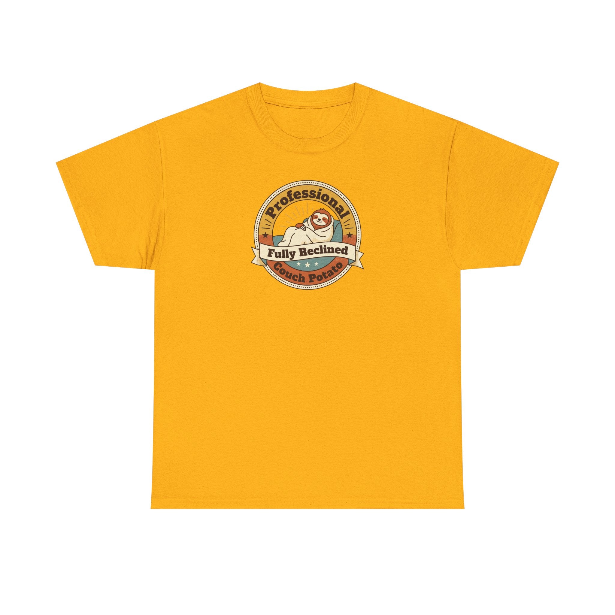 Yellow T-shirt with circular sloth logo graphic on chest.