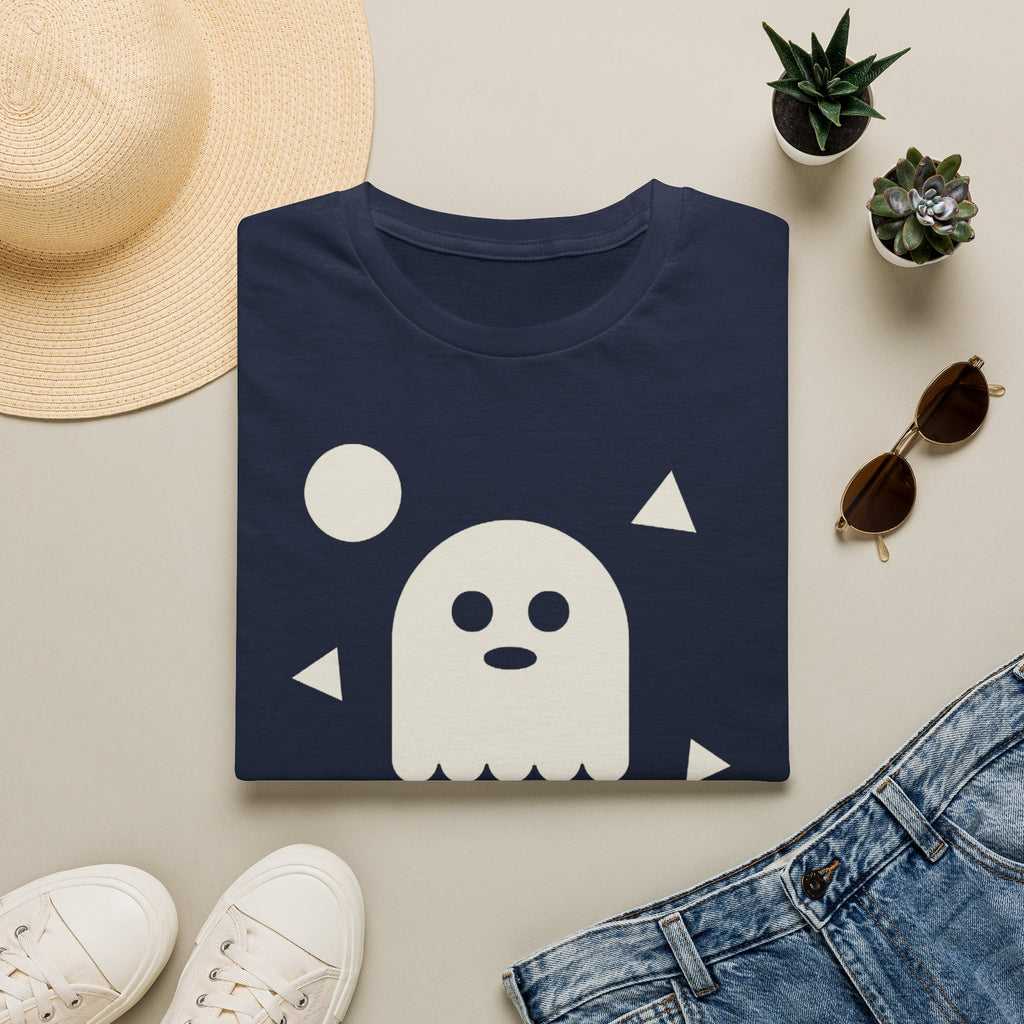 Navy T-shirt with white ghost face graphic and small triangle accents on front