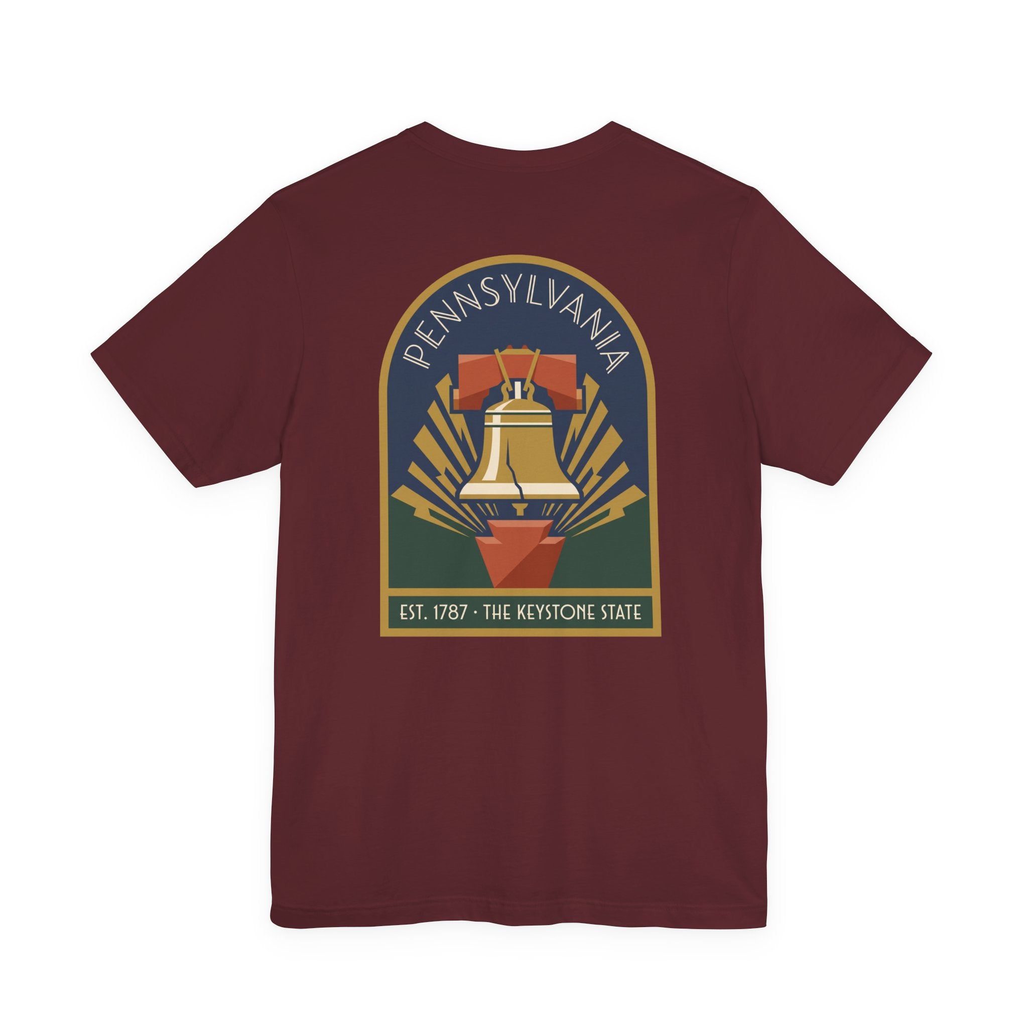 Maroon T-shirt with large Keystone State Liberty Bell graphic on back
