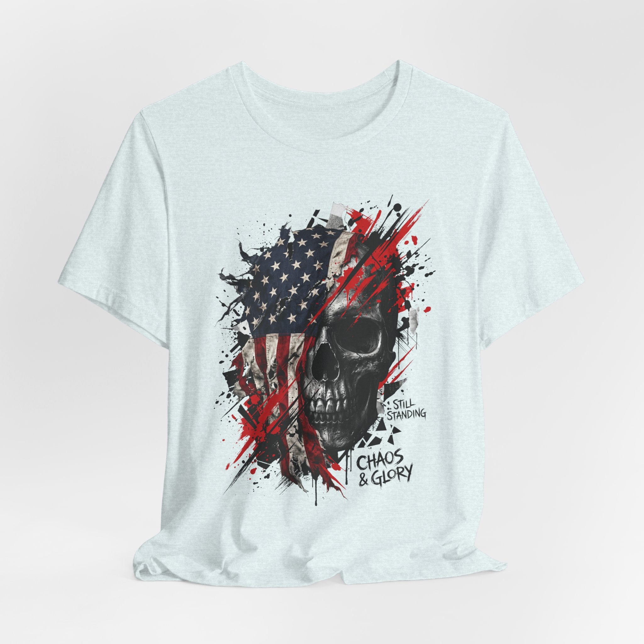 Light blue crewneck T-shirt with patriotic skull graphic, red and blue paint splatter