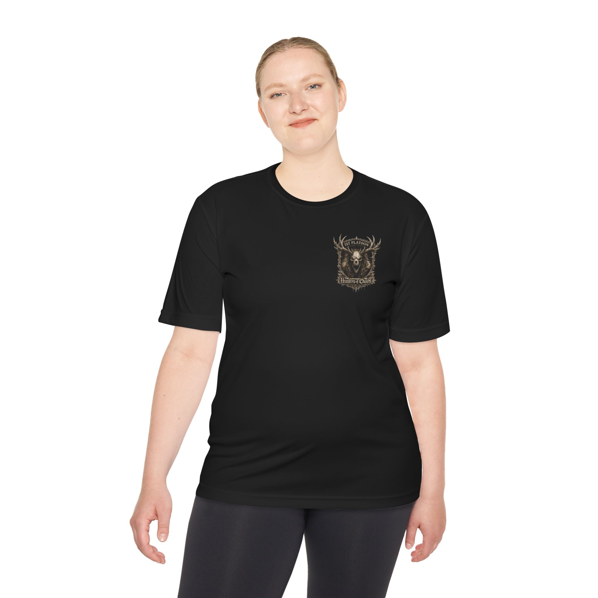 Black T-shirt on model with small gold deer emblem on left chest