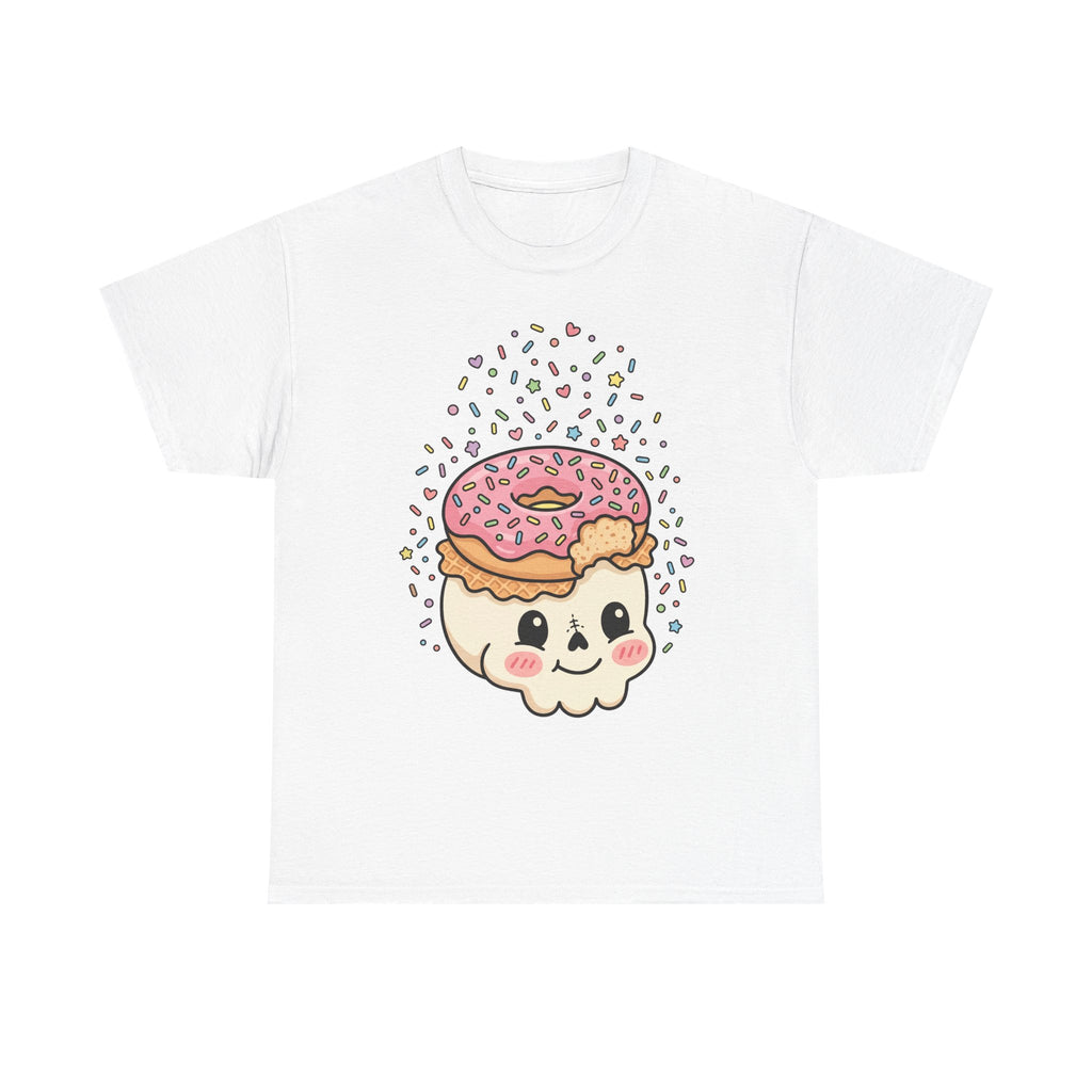 White T-shirt with donut skull face graphic and sprinkles