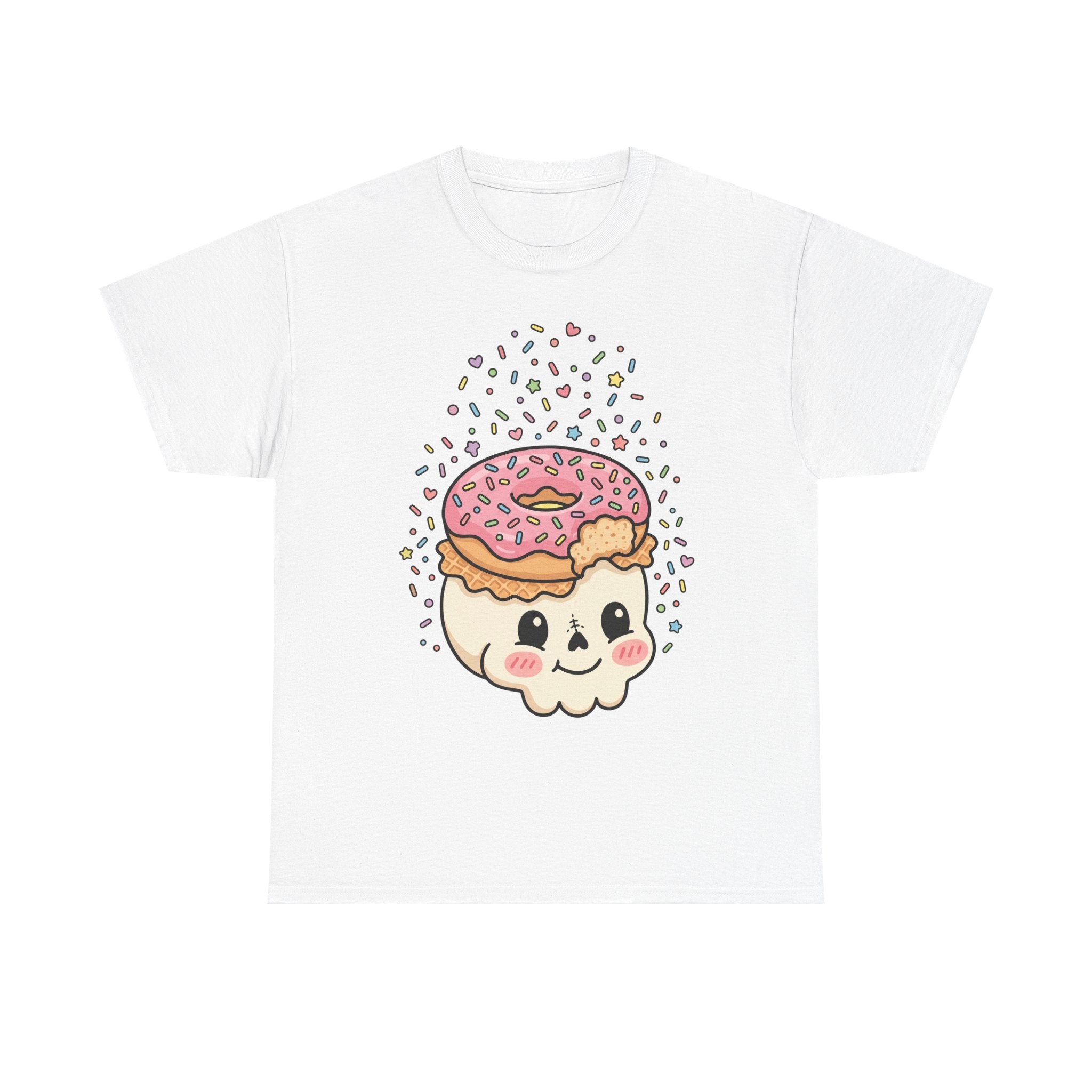 White T-shirt with donut skull face graphic and sprinkles
