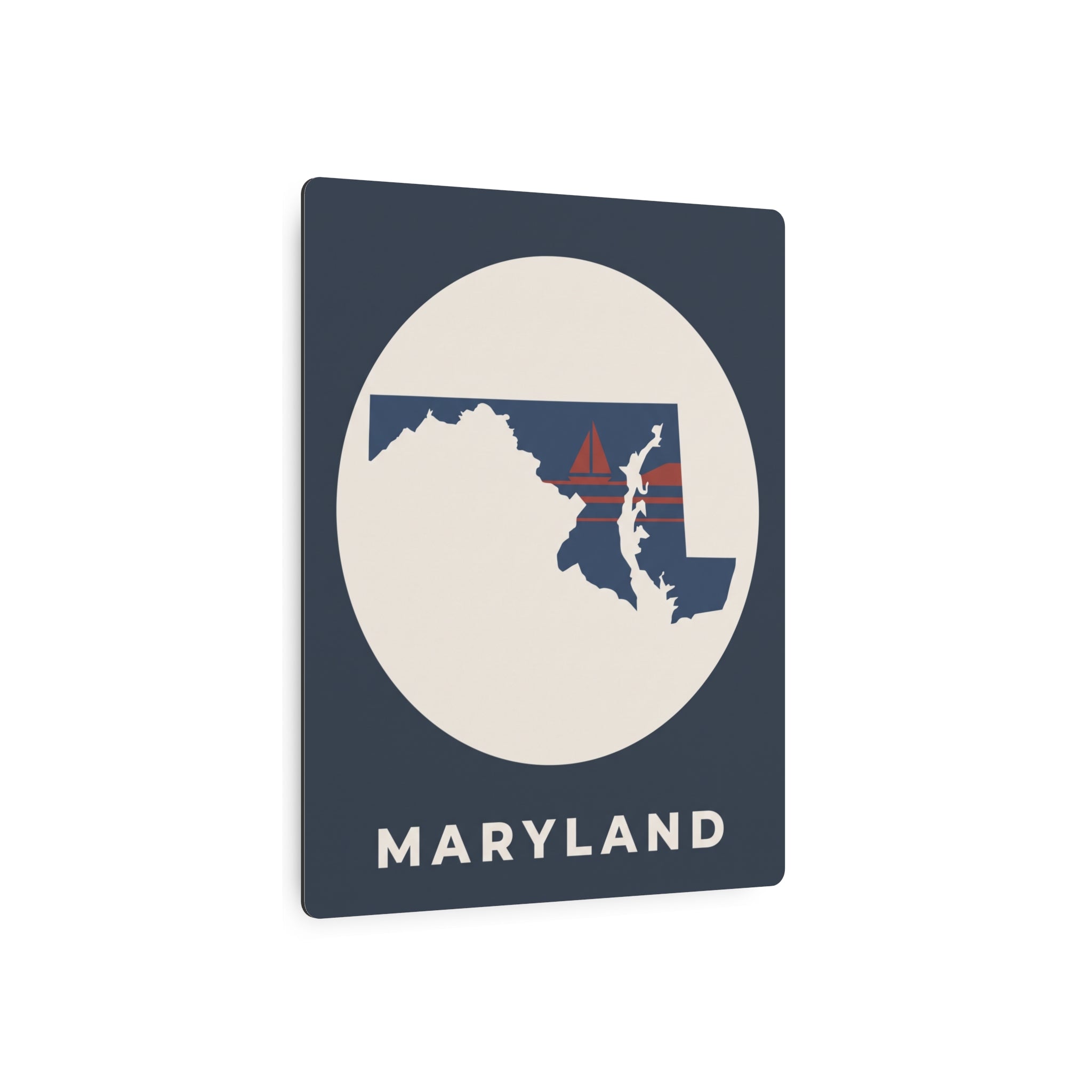 Maryland slate metal sign with circular inset state map and 'MARYLAND' lettering