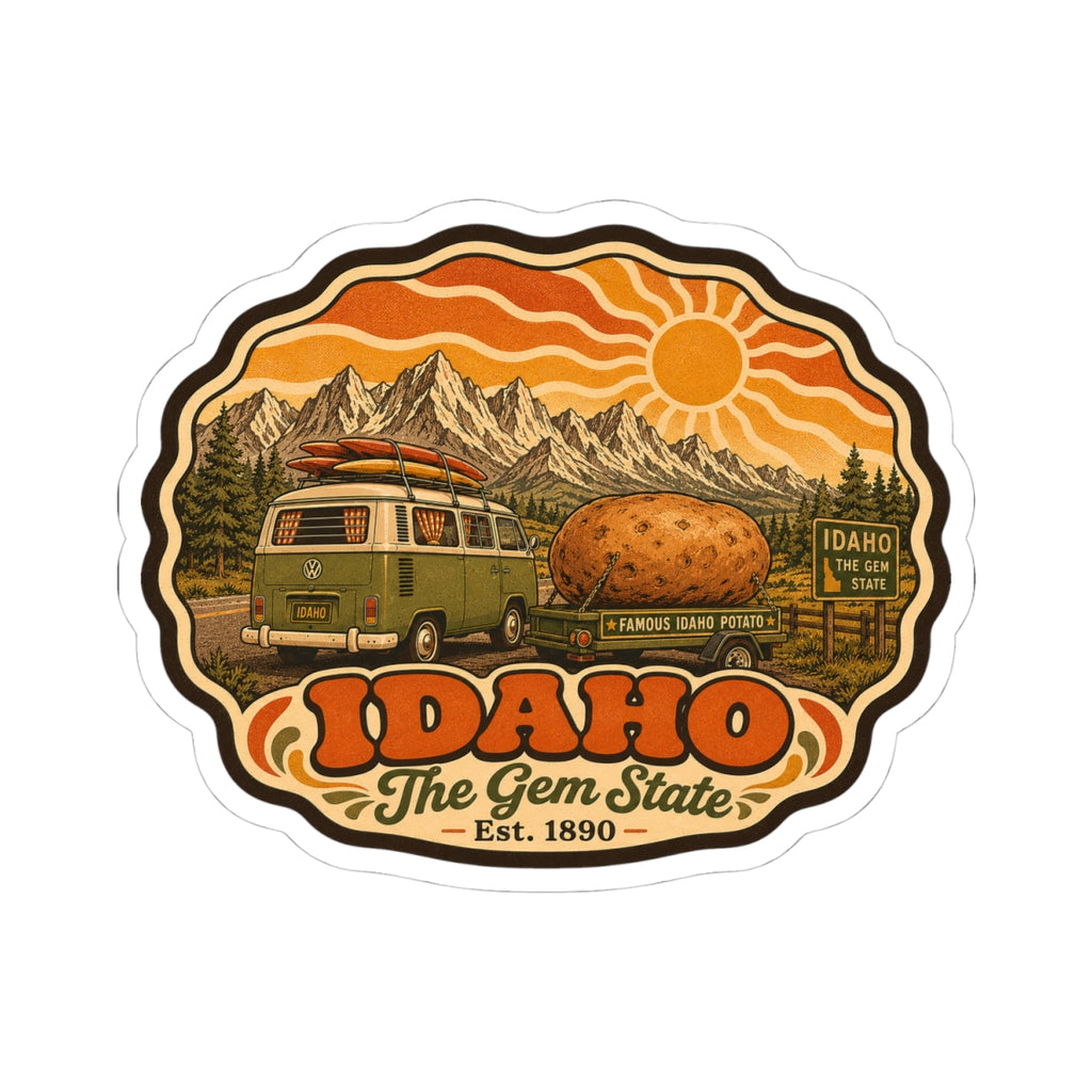 Idaho The Gem State vintage roadtrip decal with green van, potato, mountains and sun, white kiss-cut edge.