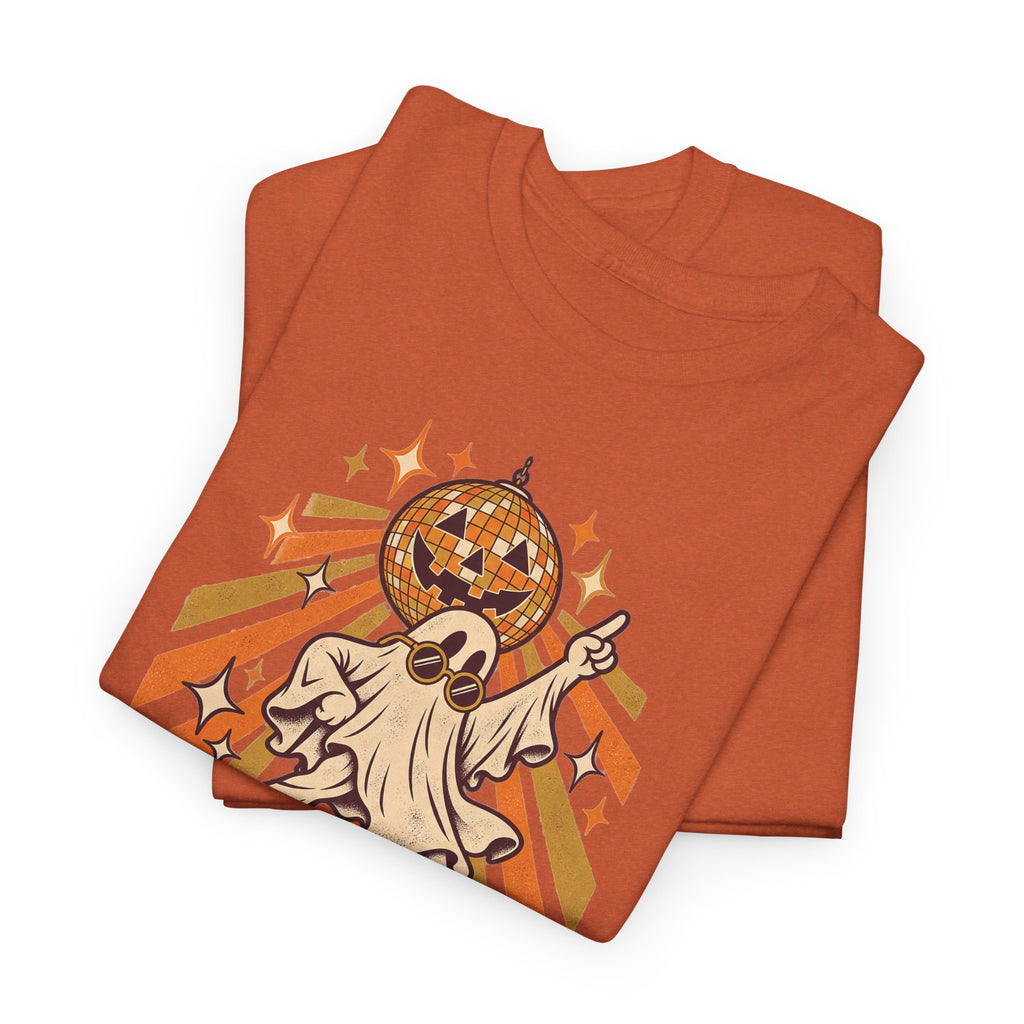 Orange Halloween T-shirt with disco ghost and jack-o-lantern graphic