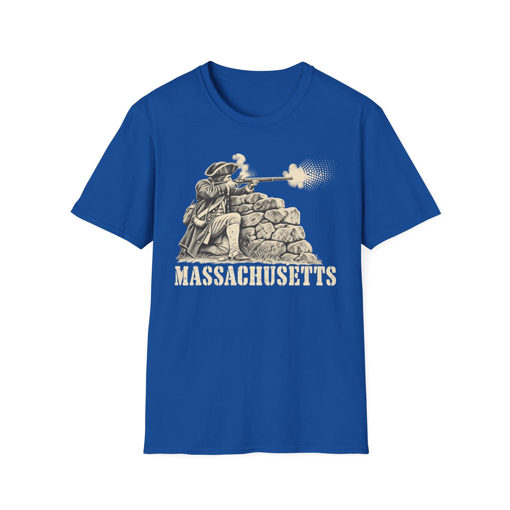 Royal blue T-shirt with colonial patriot graphic behind stone wall and “Massachusetts”