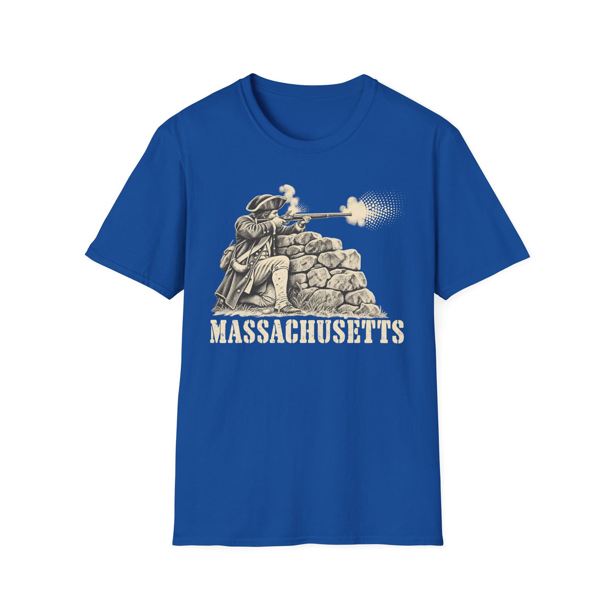 Royal blue T-shirt with colonial patriot graphic behind stone wall and “Massachusetts”