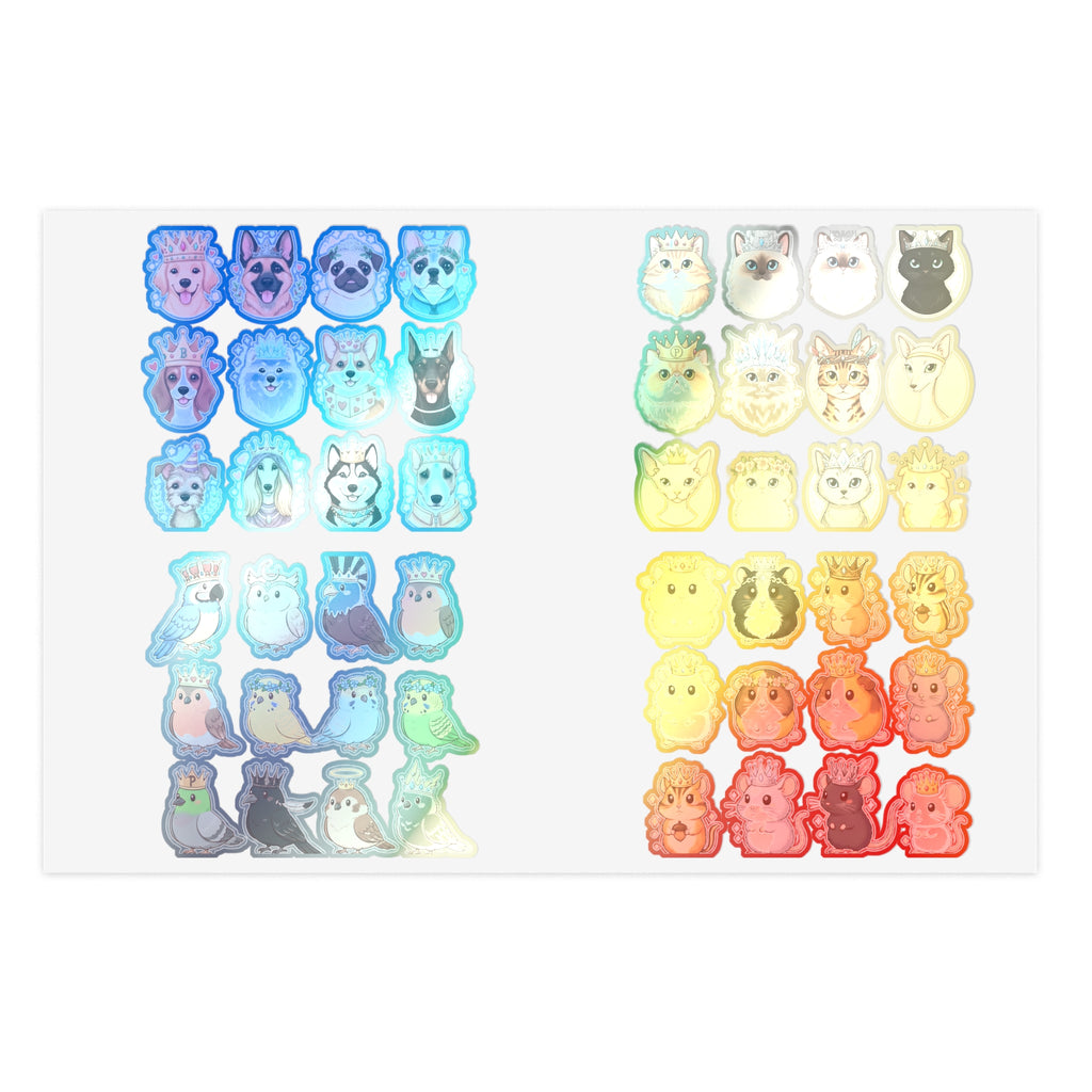 Royal Pets holographic die-cut sticker sheet, multicolor pet faces (dogs & cats)