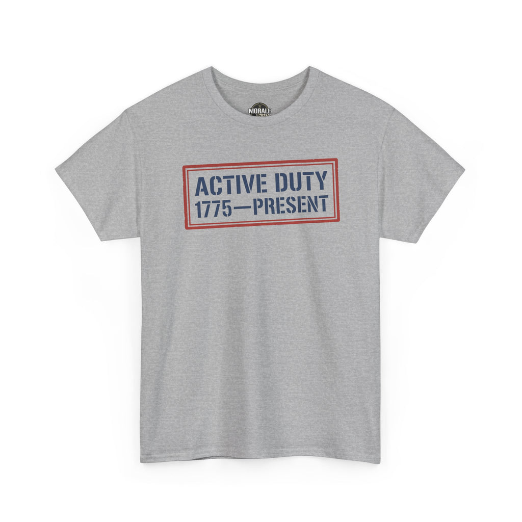 Gray crewneck T-shirt with “ACTIVE DUTY 1775—PRESENT” front graphic in red border.