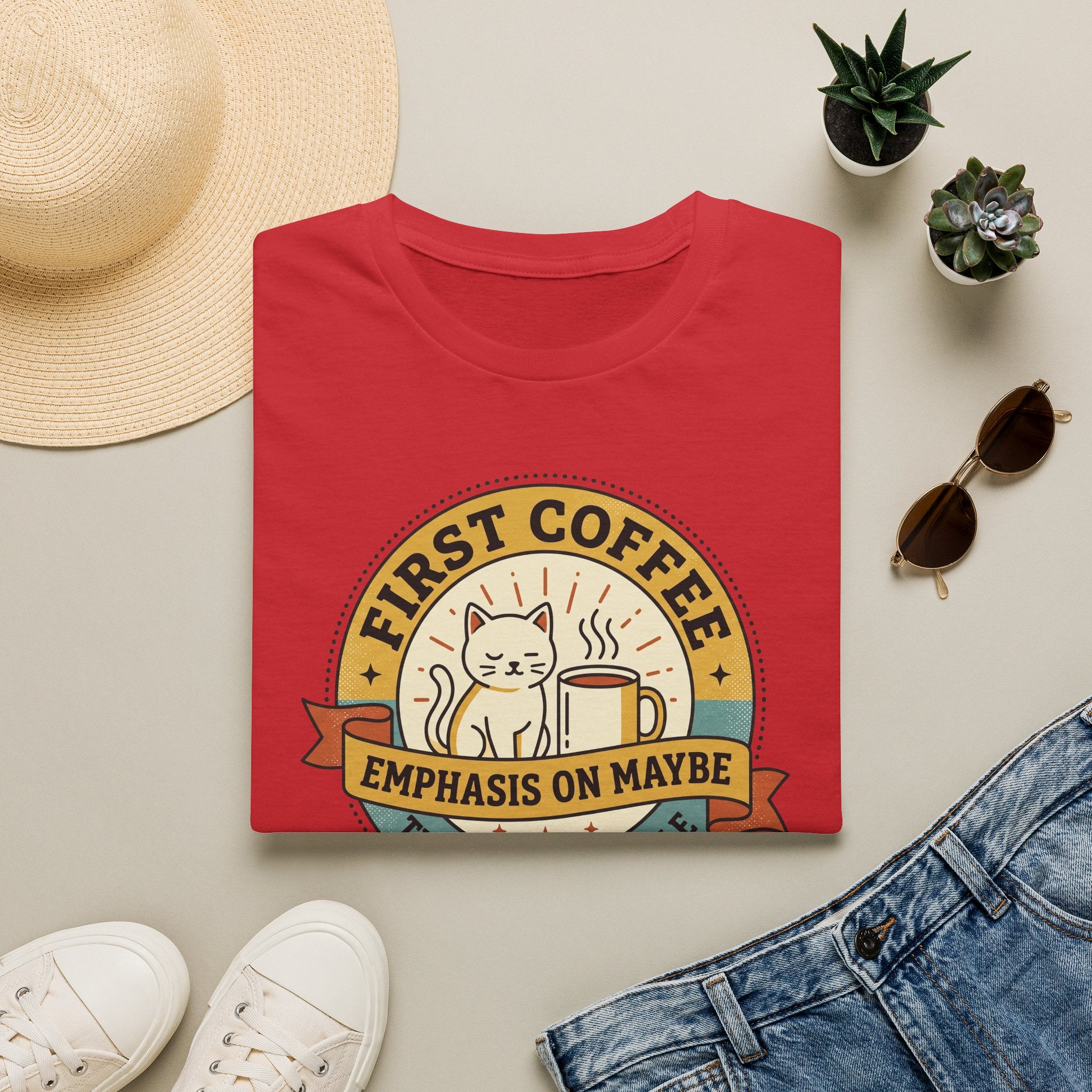 Red T-shirt with cat coffee graphic and “First Coffee Emphasis on Maybe” print