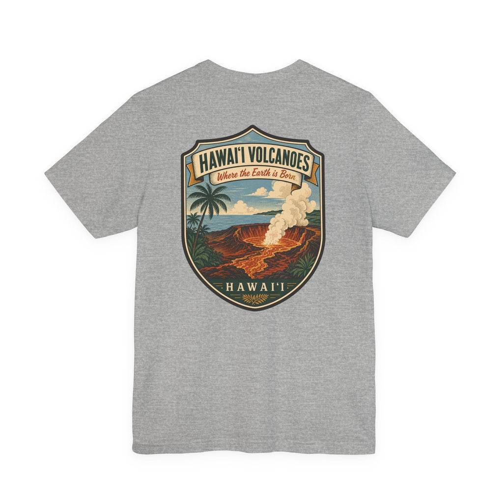 Dark grey heather T-shirt with volcano shield graphic and lava landscape